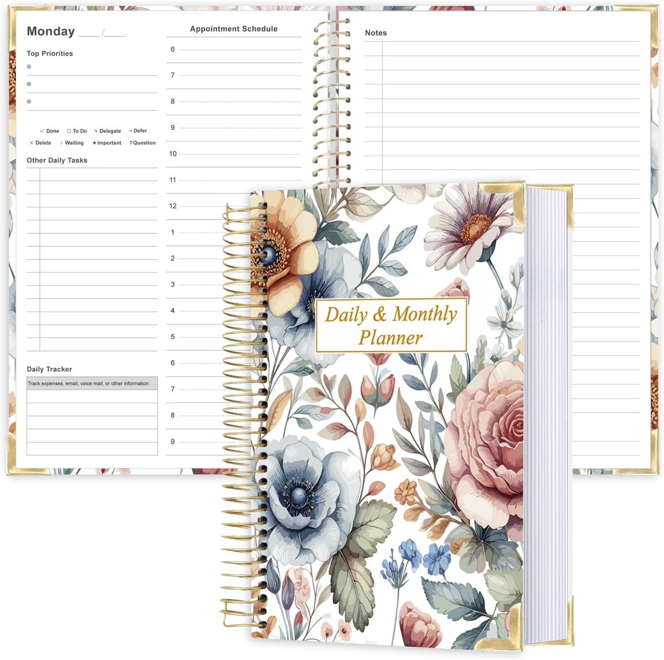 Undated Daily Monthly Planner for 2025 2026 - A5 To Do List with Hourly Schedule, Hardcover Spiral Bound Daily Planner to Increase Focus, Stylish School/Office Supplies, 5.8" x 8.5", Flower