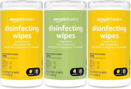 Amazon Basics Wipes, Lemon & Fresh Scent, Sanitizes, Cleans & Deodorizes, 255 Count (3 Packs of 85)