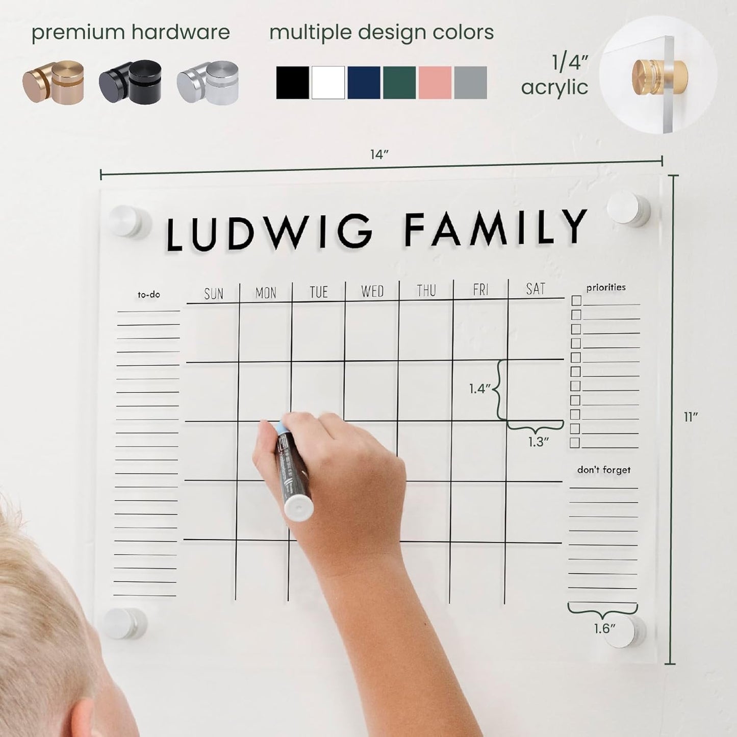 Personalized Clear Acrylic Calendar for Wall, Calendar Whiteboard for Wall, Dry Erase Wall Calendar, Wall Calendar Organizer System for Home (Block, Grey, 14"W x 11"H)