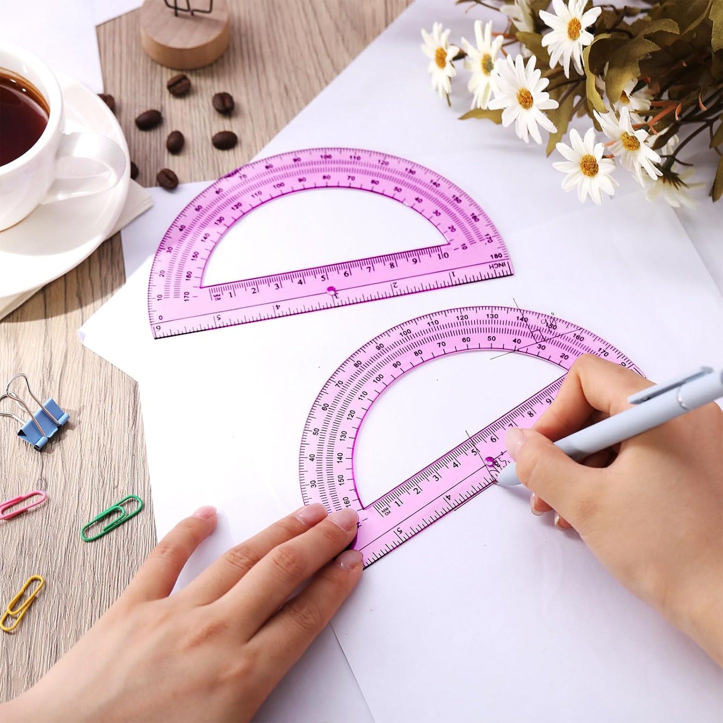 Zonon 2 Pcs 6 Inch Plastic Protractor Math Protractors 180 Degrees Angle Measurement, Translucent for Geometry Classroom Kid Student School Office Supplies(Pink)