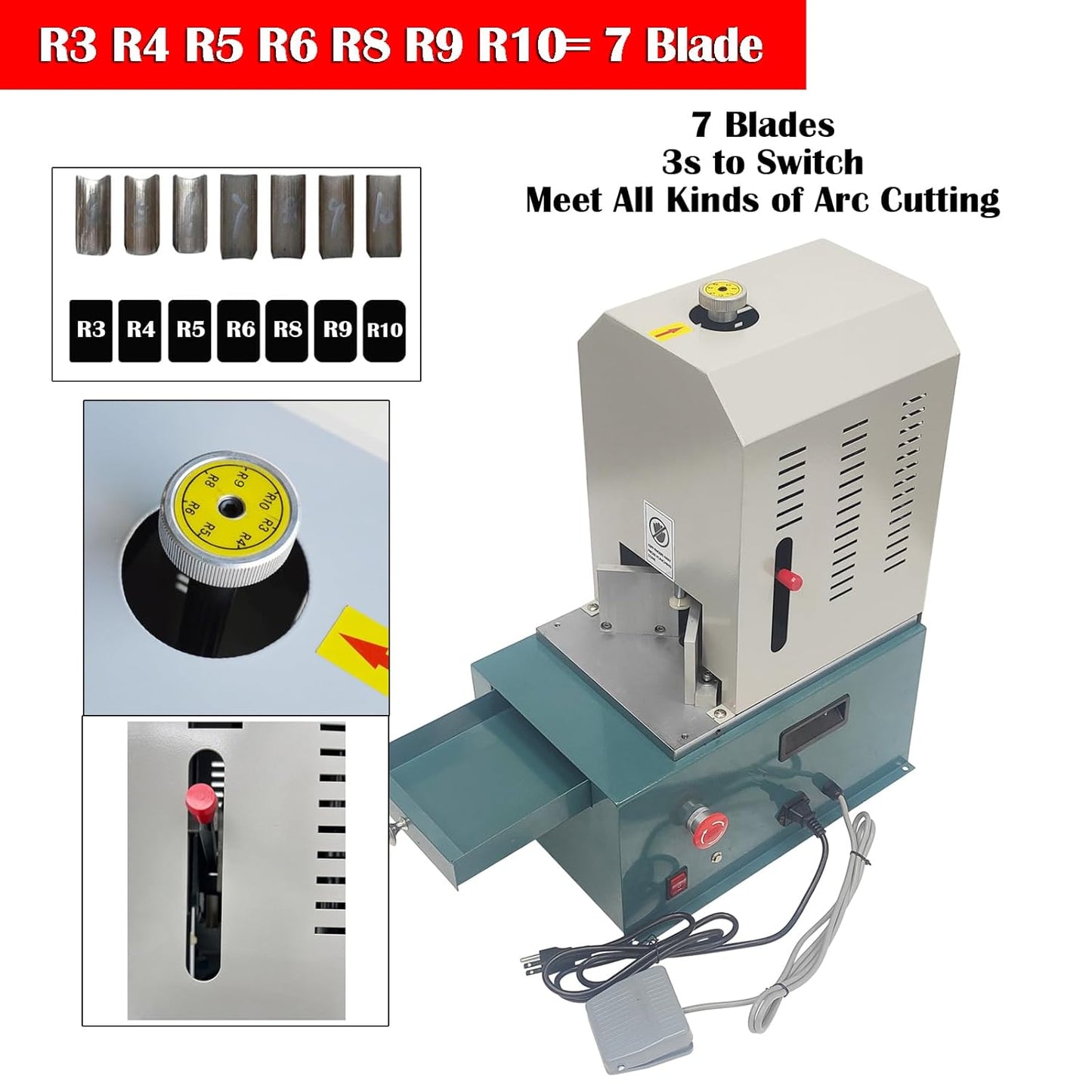 Eelectric Corner Rounder Cutter Machine, 180W Heavy Duty Paper Punch Cutter with R3 R4 R5 R6 R8 R9 R10 Seven Blades, Metal Corner Rounder Punch for Office Business Cardstock Plastic PVC