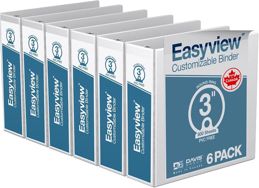 Easyview Premium 3-Ring Binders with Clear-View Covers and Round Rings, Binders for School or Office, 3 Inch, Pack of 6, White