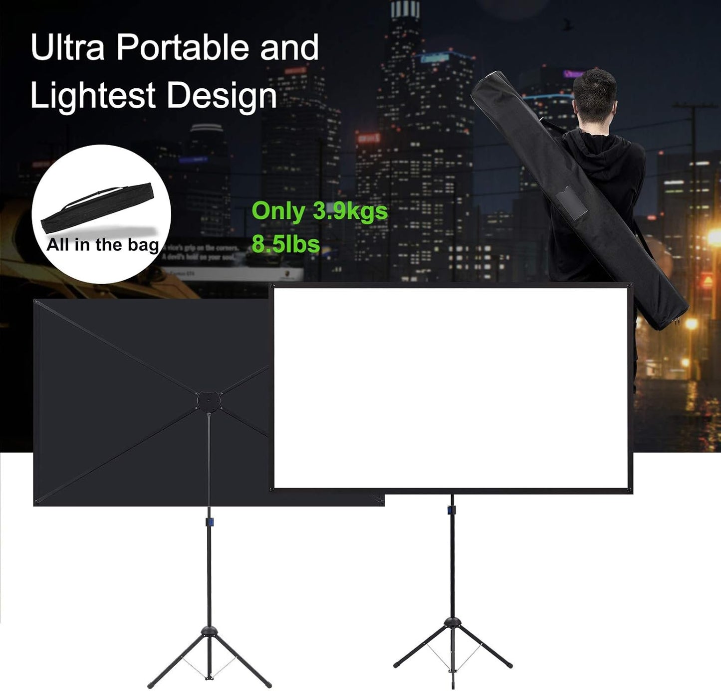 Portable Projector Screen with Stand, Outdoor Movie Screen, 80 Inch 16:9, Light-Weight, Mobile and Compact, Easy Setup and Carrying, Projection Screen with 1.2 Gain Glass Fiber, Idea for Home Cinema.