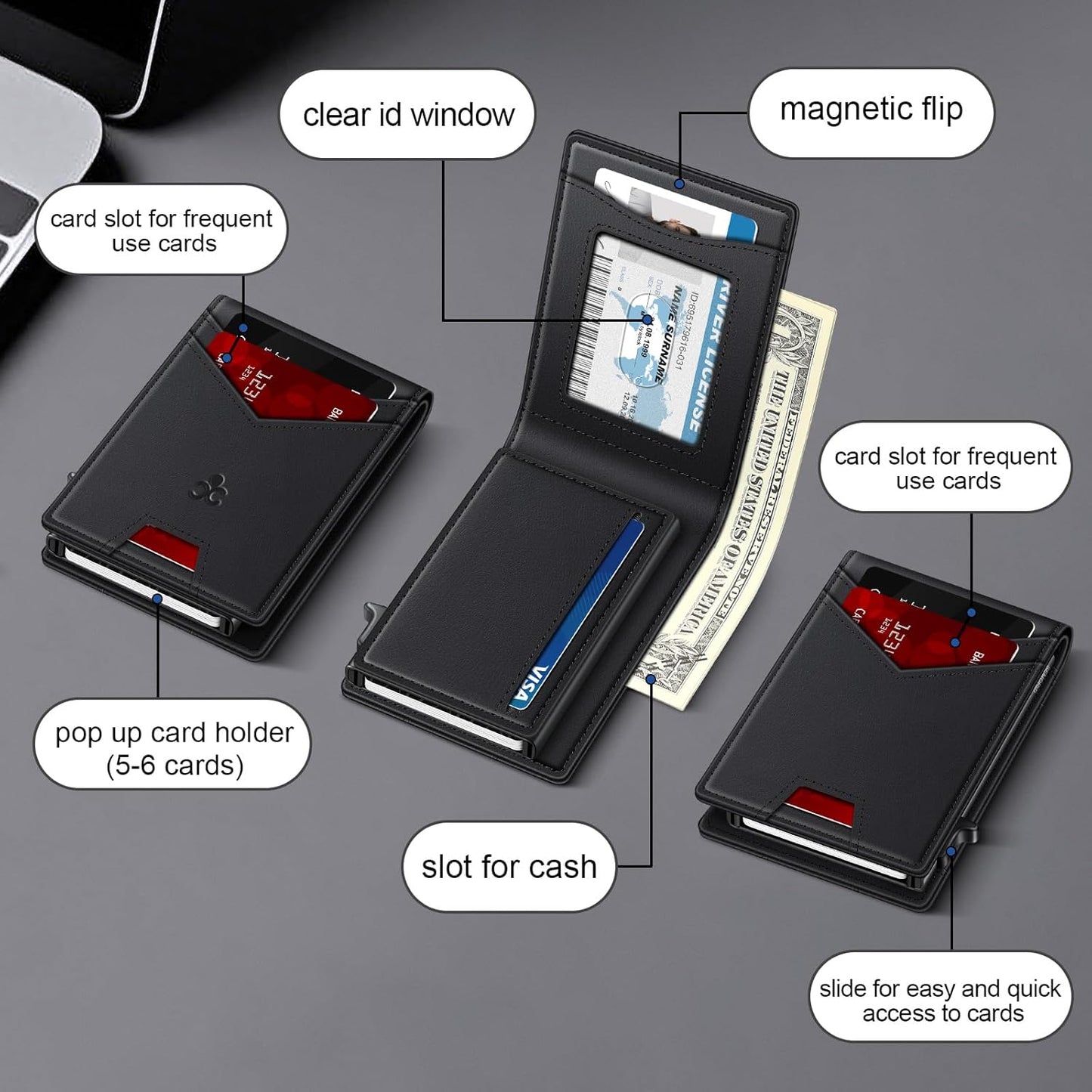 Wallet for Men Wallet with Slim Pop Up Card Holder for 12-14 Cards, RFID Blocking Bifold Minimalist Smart Wallet, Credit Card Holder with ID Window & Cash Slot, Compact Metal Card Case, Gifts for Men