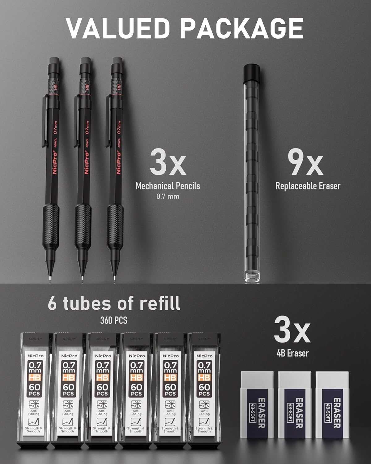 Nicpro 0.7 mm Mechanical Pencil Set with Case, 3PCS MP2000 Metal Artist Mechanical Pencil With 6 Tube HB Lead Refills, Eraser, Weatherproof Barrel for Outdoor Writing Drafting Drawing Sketching