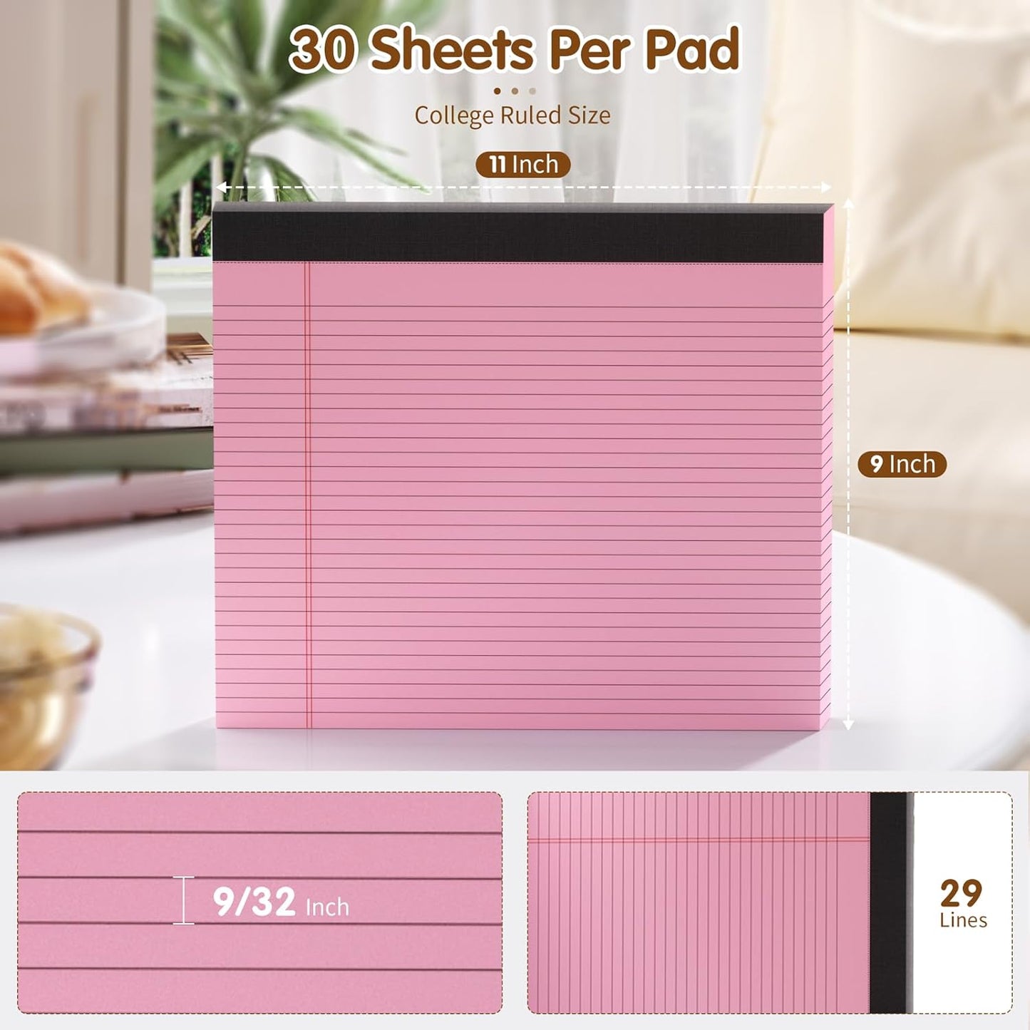 11" x 9.5" Legal Pads College Ruled Notepad 2 Pack Pink & Purple Colored Note Pads 30 Sheets Lined Paper Pads 80 GSM Legal Pad Perforated Writing Pads with Sturdy Back for School, Office, Home