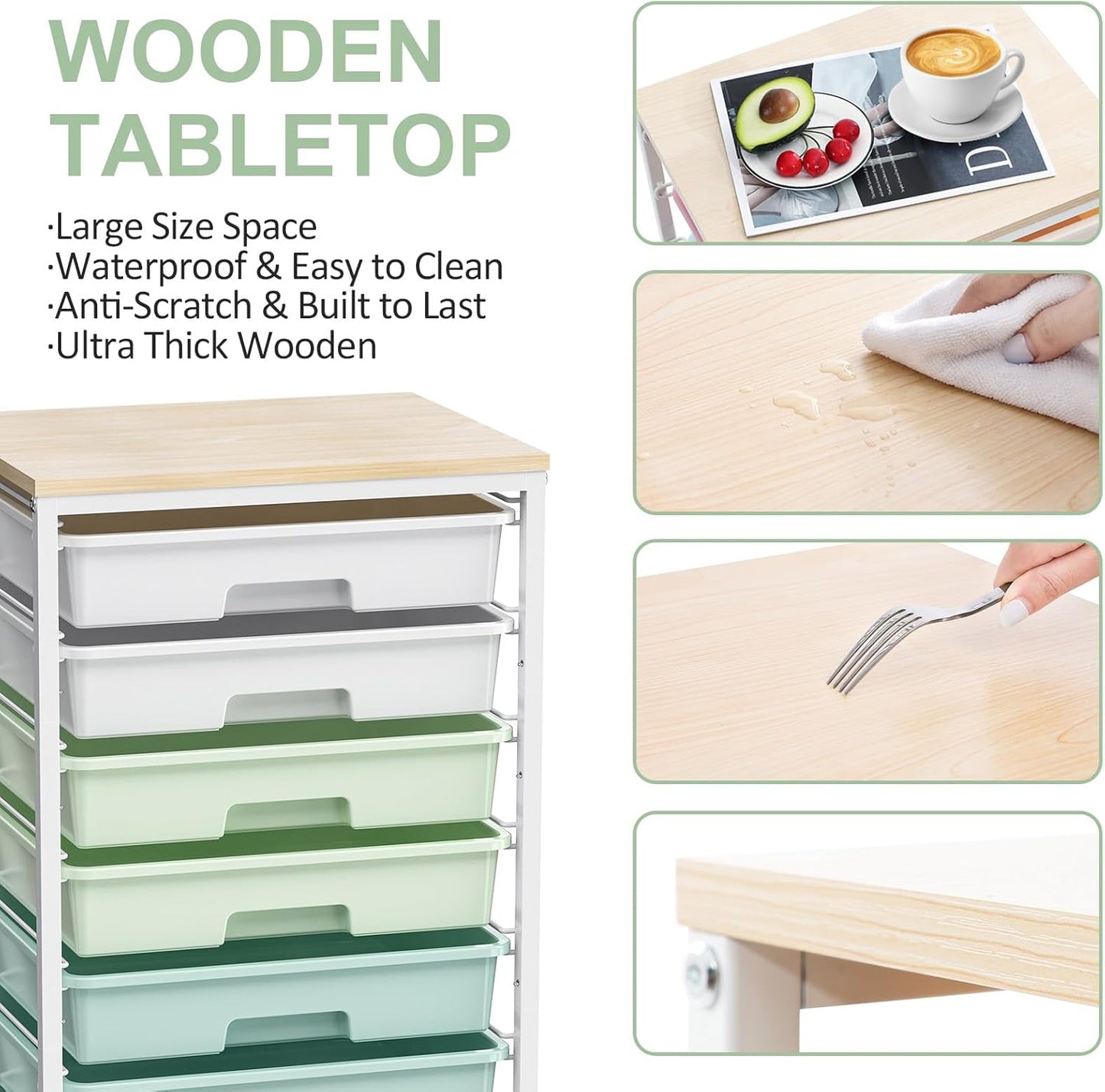 Rolling Storage Utility Cart Organizers with 8 Drawers and Wooden Tabletop for Living Room,Office,Classroom,Craft Room,Bedroom,Dorm,Green