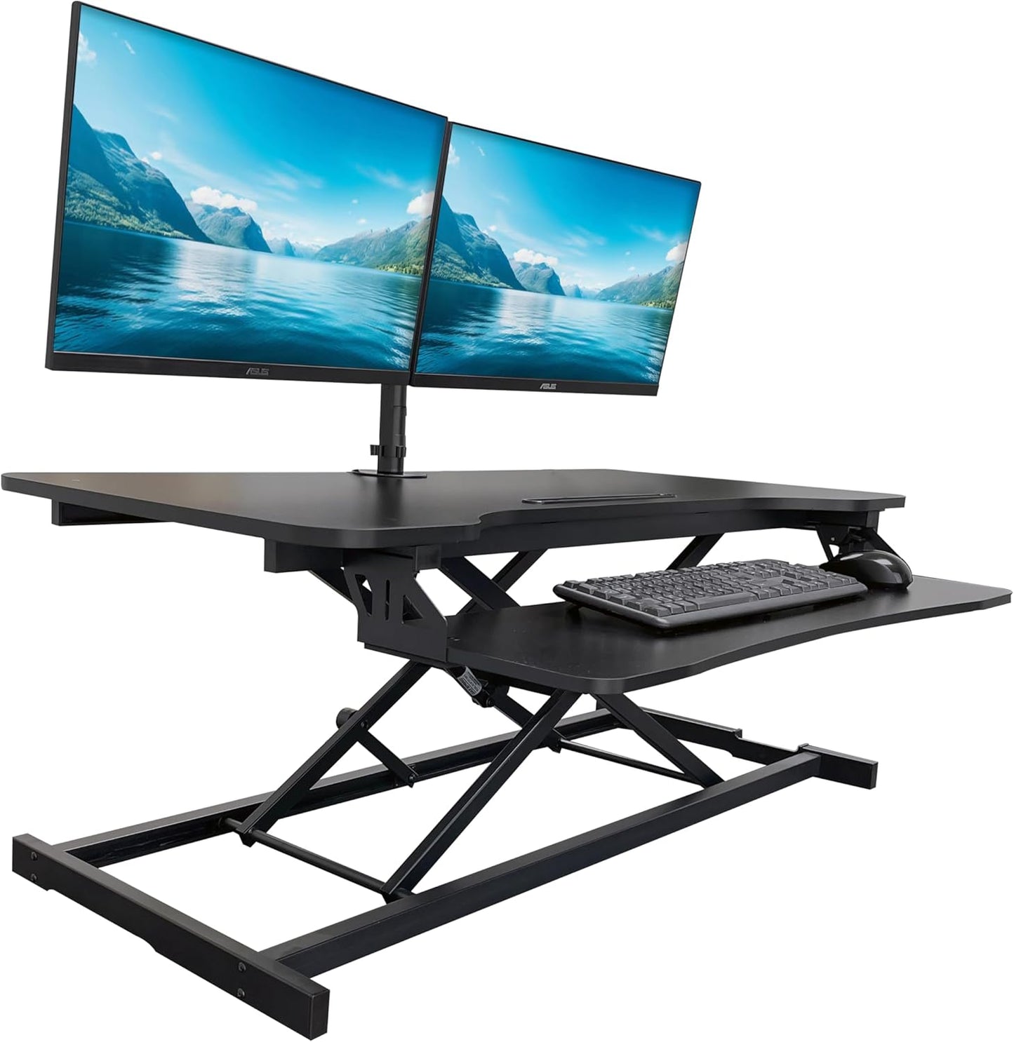 Rocelco 43" Height Adjustable Standing Desk Converter with Dual Monitor Arm Mount - Tall Stand Up Tabletop Riser and Tablet Slot - Computer Workstation - Deep Keyboard Tray - Black (R VADRB-43-DM2)