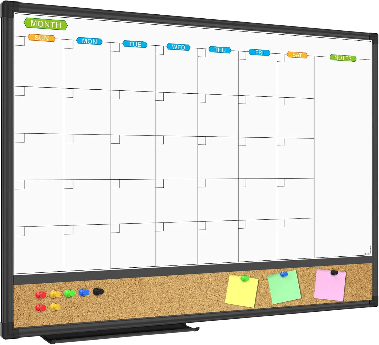 JILoffice Magnetic Calendar Whiteboard & Bulletin Corkboard Combination, Combo Board 24 x 18 Inch, Black Aluminum Frame Wall Mounted Board for Office Home and School with 10 Push Pins
