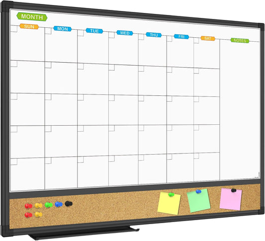 JILoffice Magnetic Calendar Whiteboard & Bulletin Corkboard Combination, Combo Board 24 x 18 Inch, Black Aluminum Frame Wall Mounted Board for Office Home and School with 10 Push Pins