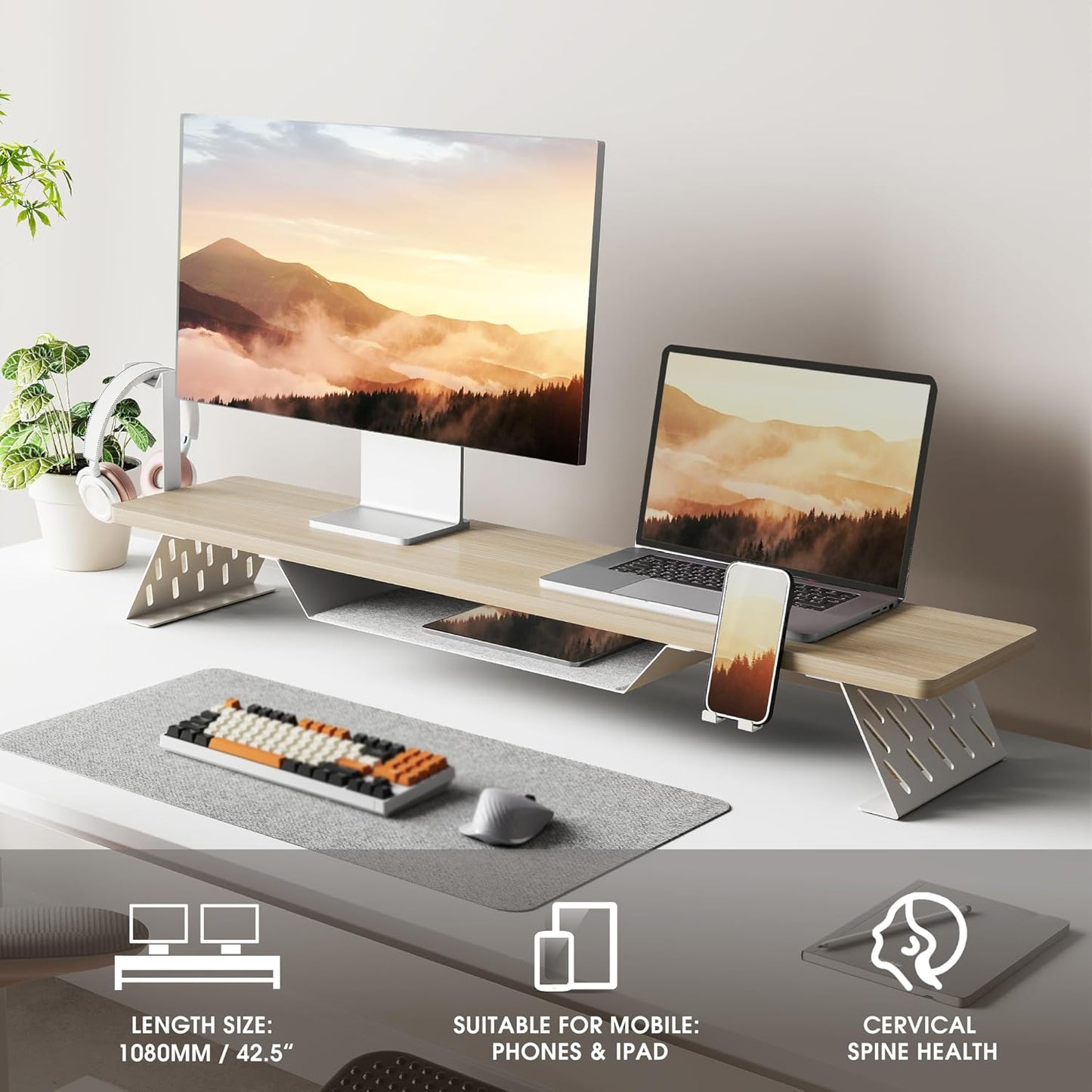 Fenge Dual Monitor Stand, 42.5 Inch Monitor Riser for Desk, Wood Desk Shelf for 2 Monitors, 2 Tier Monitor Shelf with Headphone Stand & Phone Holder