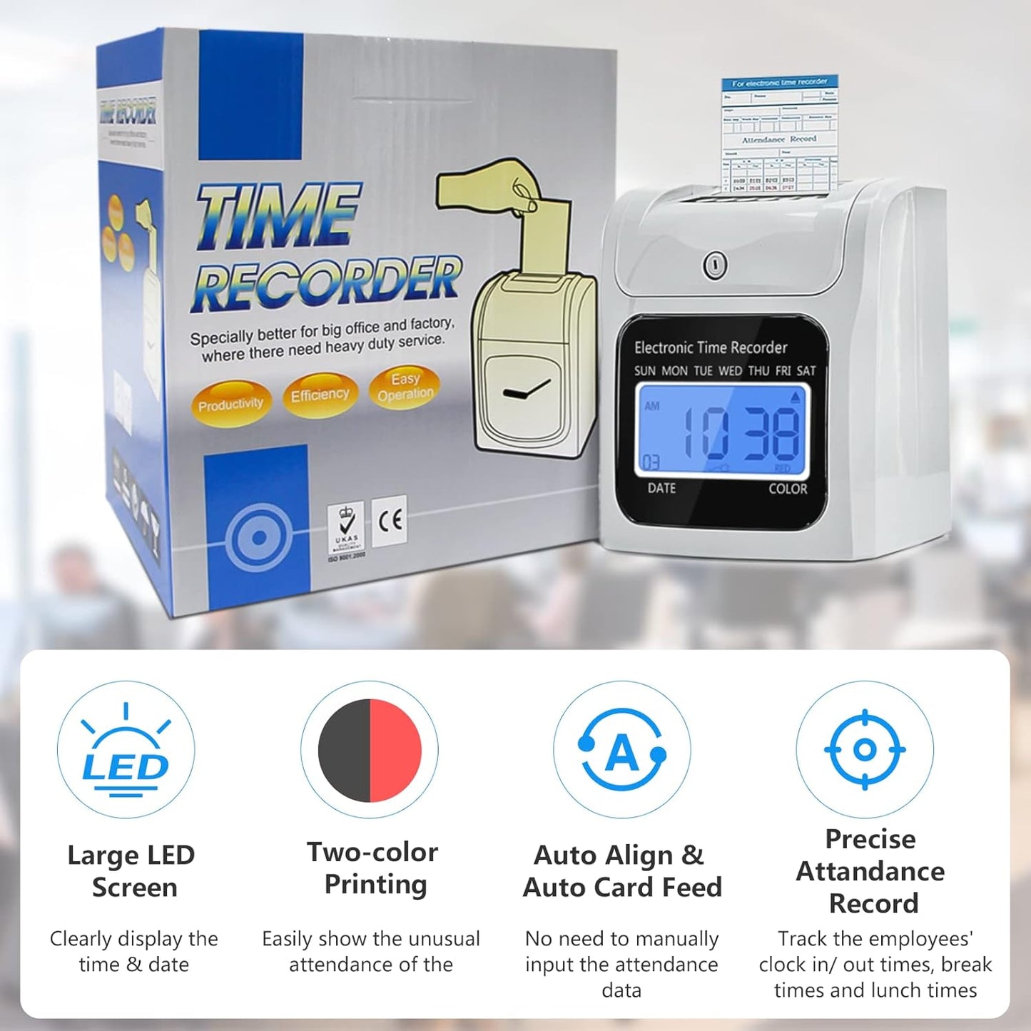 Employee Time Clocks for Small Business, Auto-Align Time Clock Punch Machine with 50-Piece Time Cards, Two Security Keys, and One Ink Ribbon Cartridge