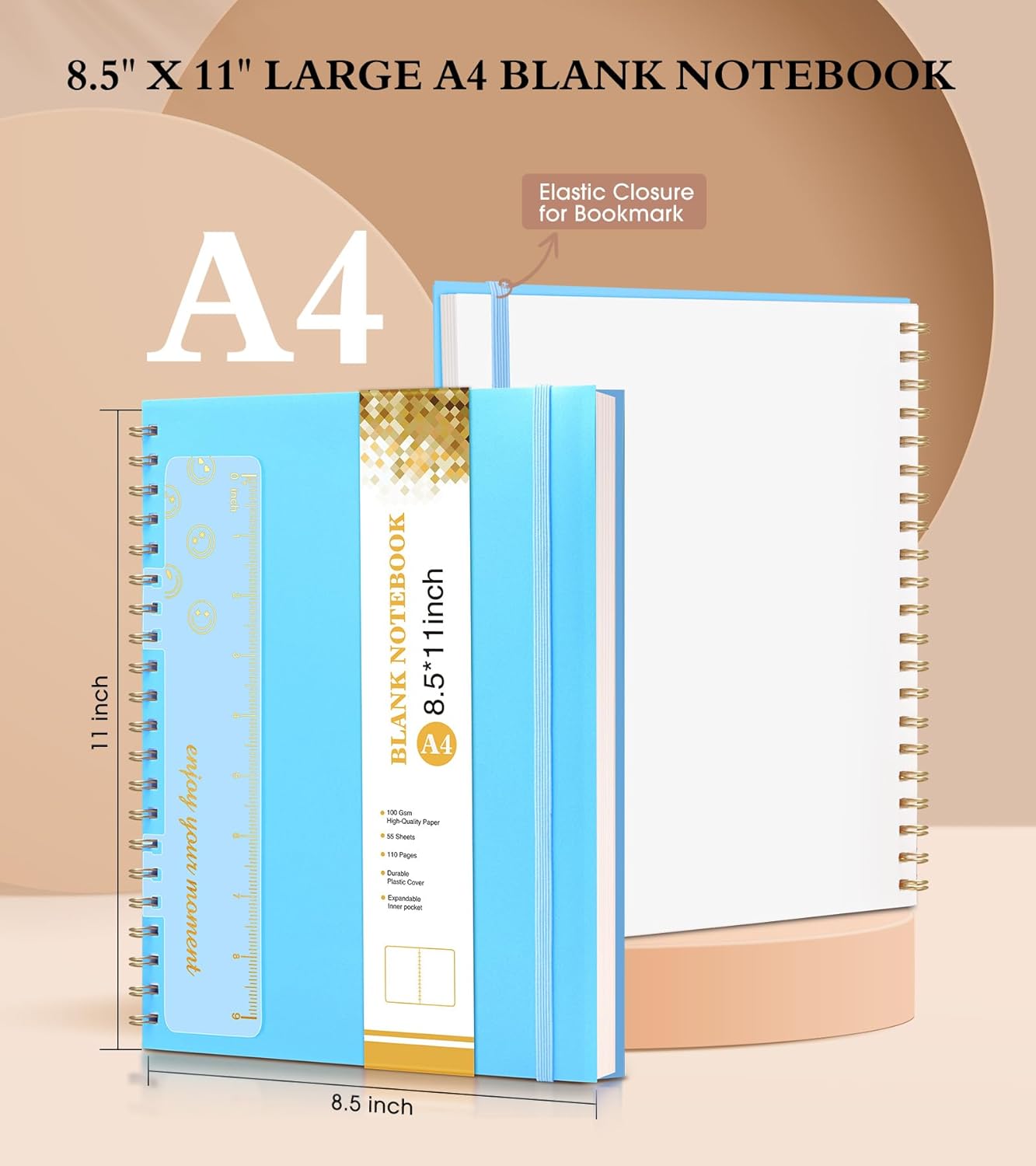 Blank Spiral Notebook Journal 8.5” x 11”, A4 Large Sketch Book for Women Men, 100 GSM Blank Paper Drawing Notebook, Plastic Hardcover Spiral Bound Sketchbook for Sketching Work School Writing, Blue