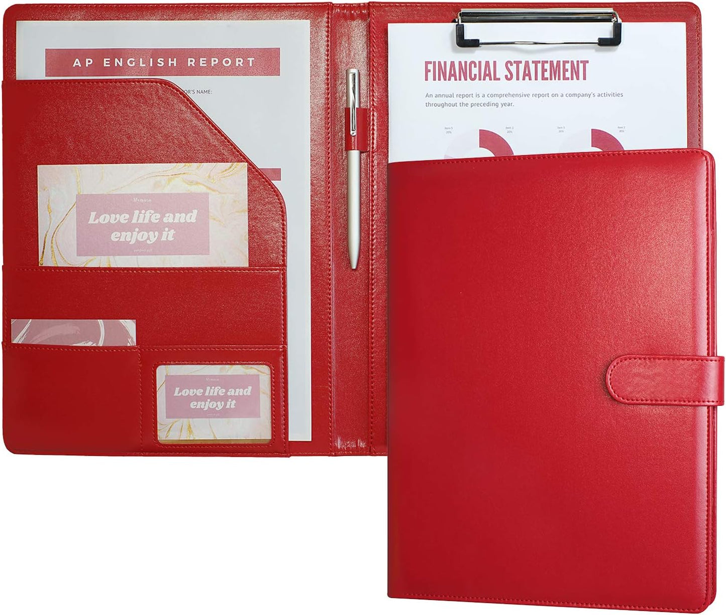 Mymazn Padfolio Clipboard Folder Portfolio, Faux Leather Storage Clipboard with Cover for Legal Pad Holder Letter Size A4 Writing Pad for Business School Office Conference Notepad Clip Boards (Red)