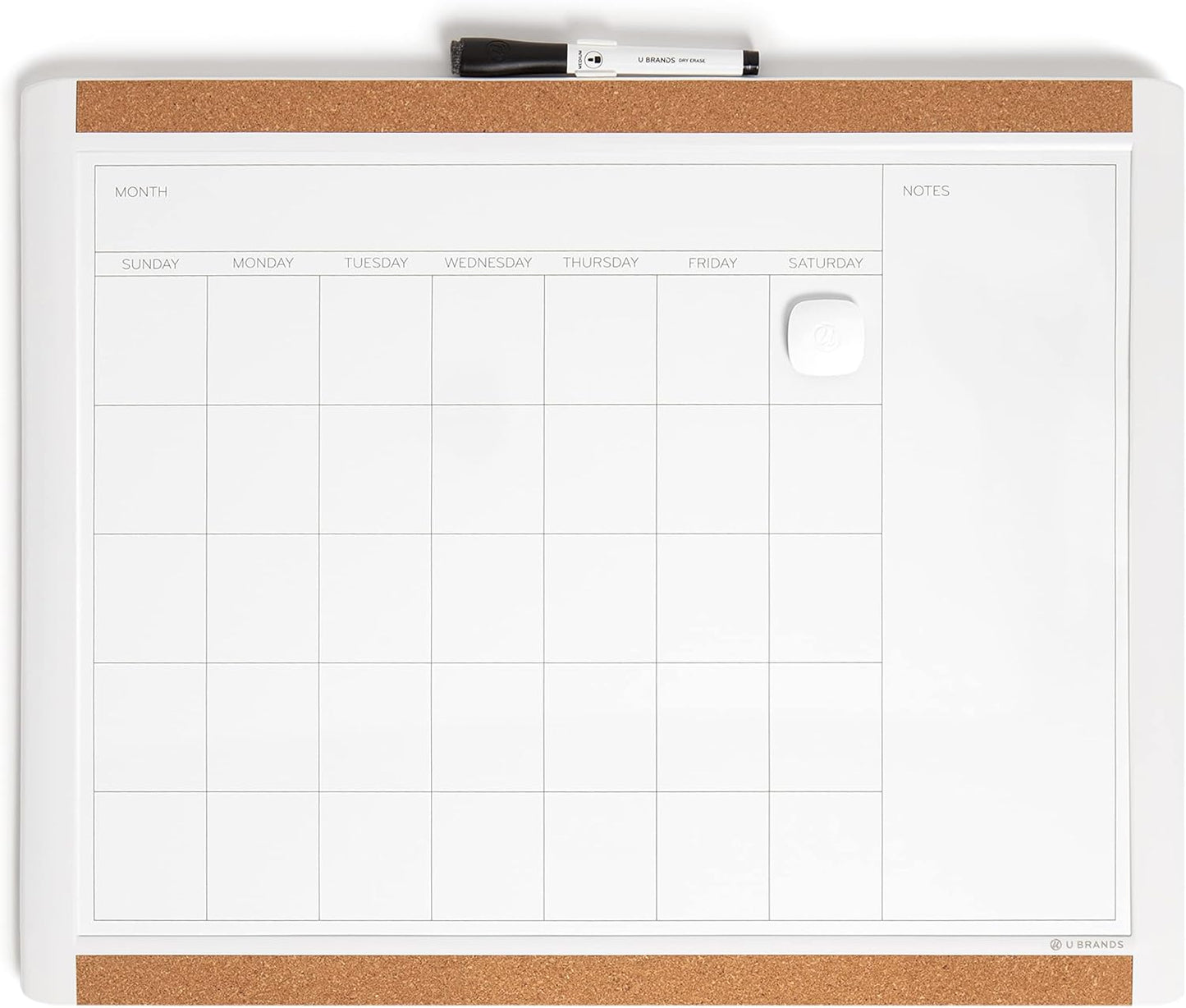 U Brands Magnetic Dry Erase Calendar White Board, 16" x 20", White Pin-It Frame, Includes Marker and Magnet