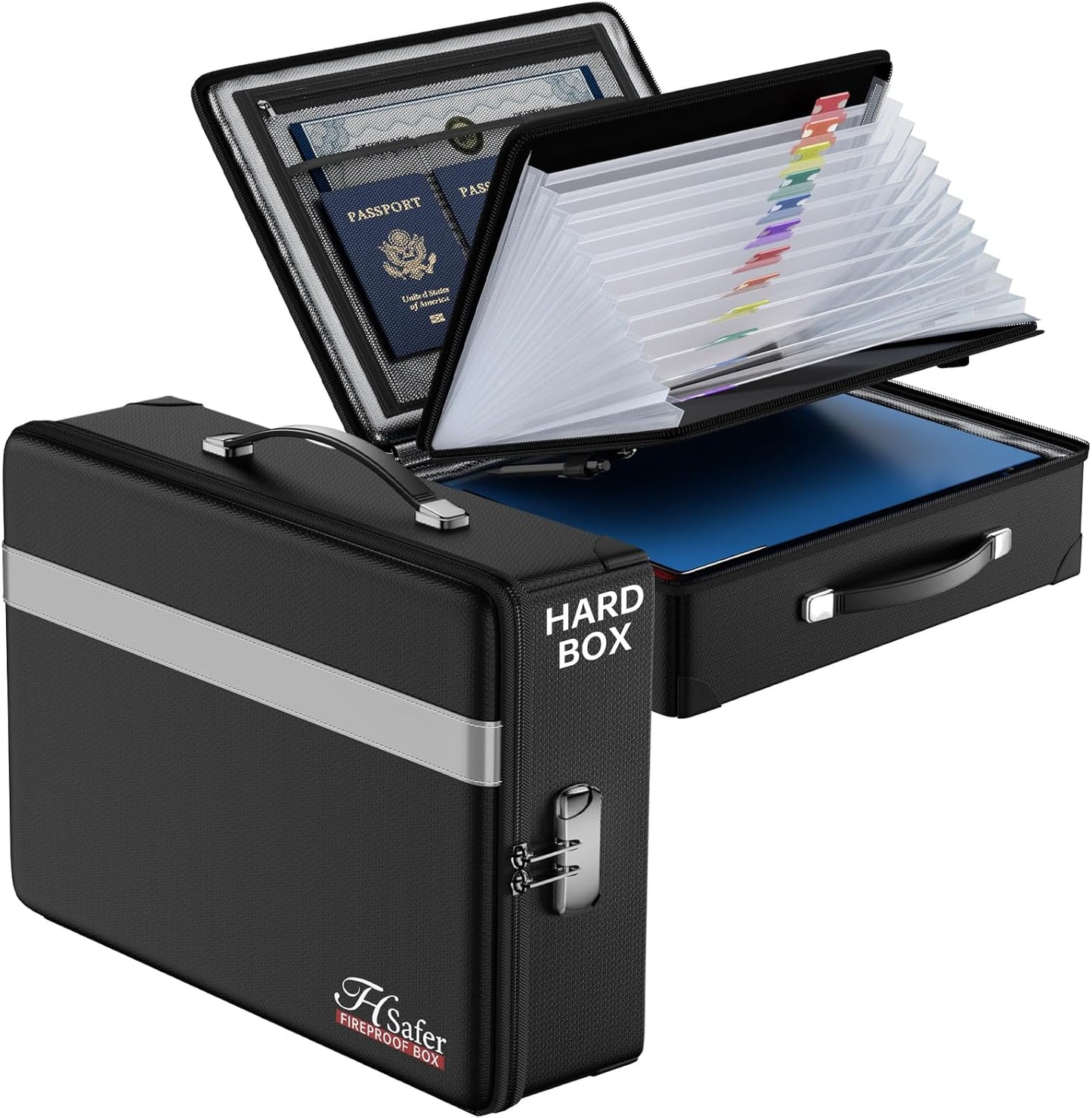 Fireproof Document Box with lock, File Organizer with Fireproof Zipper, Hard Shell Fireproof & Waterproof Storage box, Portable Safe for Home, Important Documents, Laptop, Black