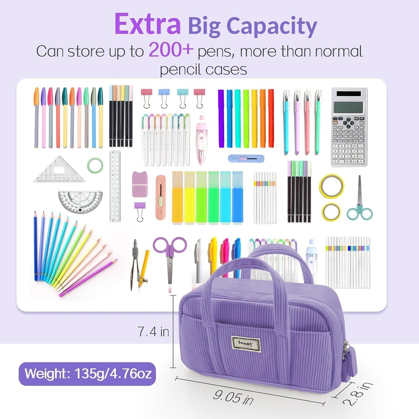 Sooez Large Pencil Case Pouch, Extra Big Pencil Bag with 5 Compartments, Pen Bag Wide Opening, Soft Corduroy Pencil Pouch Organizer with Zipper, Cute Aesthetic School Supplies for Teen Girls-Purple