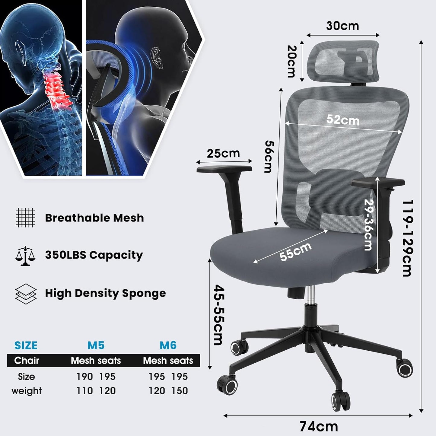 Ergonomic Desk Office Chair, High Back Home Computer Chair with Adjustable Swivel 3D Armrests for Comfort Lumbar Supports Up to 400lbs (Grey)