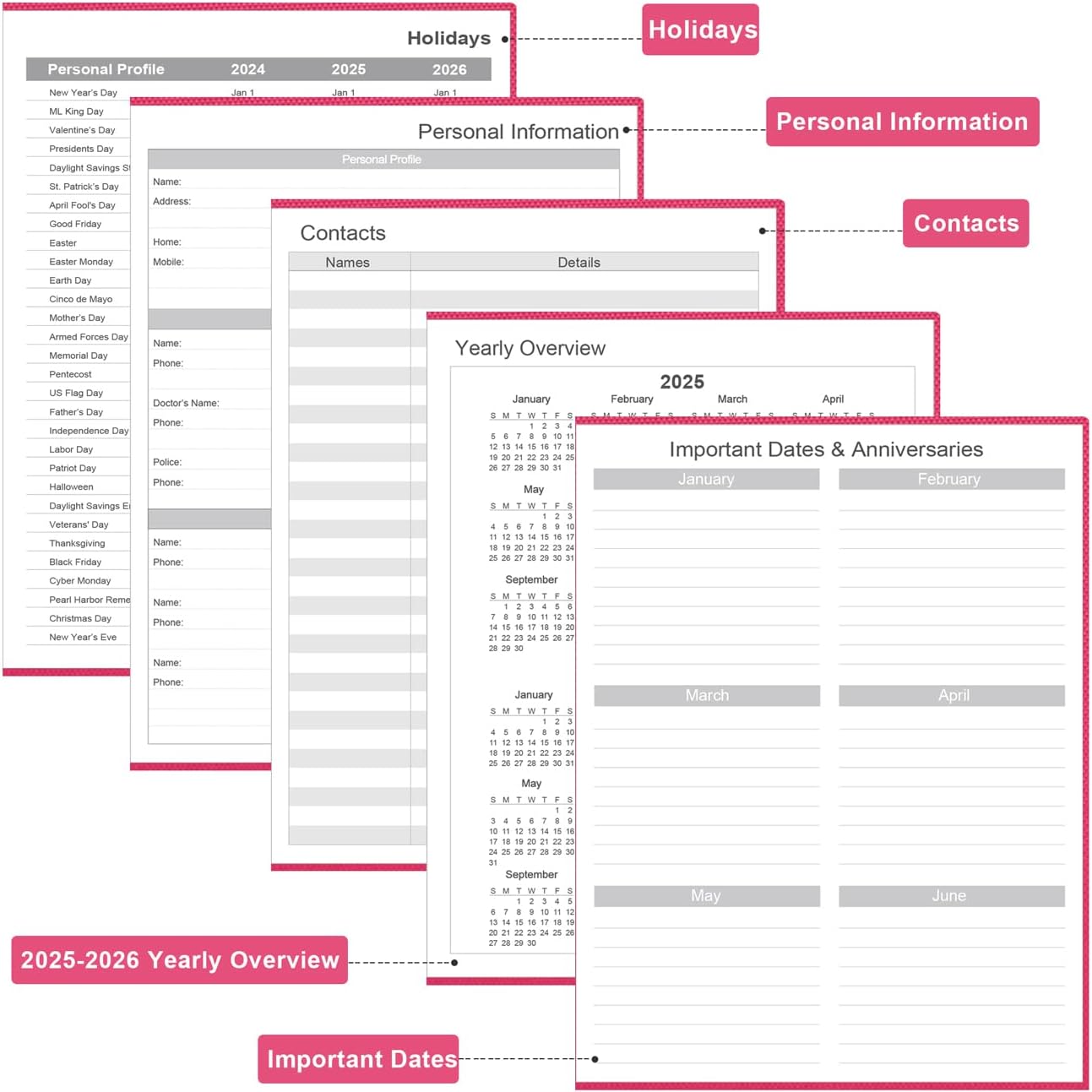 Daily & Monthly Planner for 2025 2026 or Anytime - ADHD Planner Two Pages Per Day, Daily Planner Undated to Increase Focus, Eliminate Overwhelm, Achieve Your Biggest Goals, 8.5'' × 11'', Pink