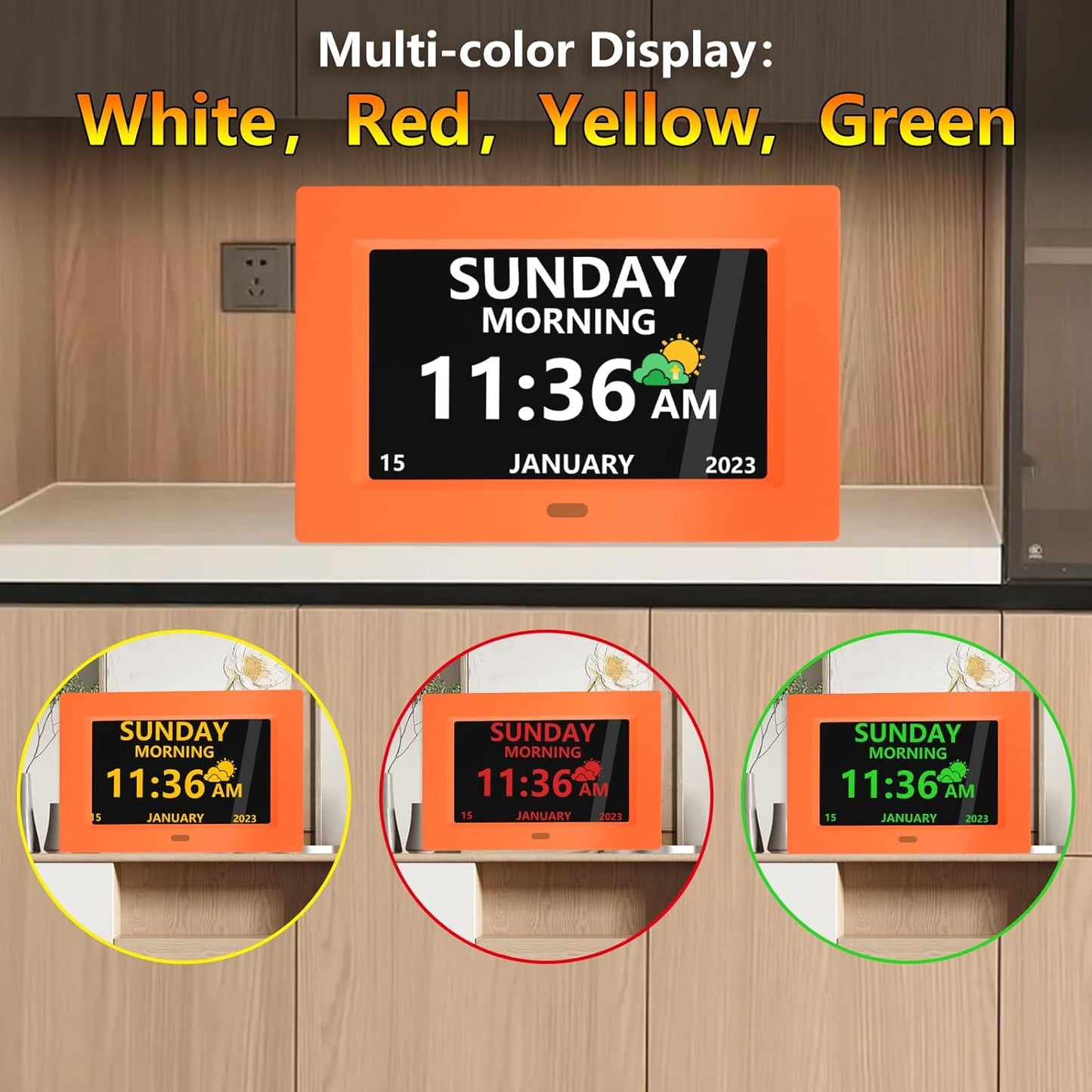 7 Inch Digital Clock with Day and Date for Elderly Alzheimer's Clock Customizable Alarms 3 Display Modes Large Font Alarm Clock for Seniors Auto DST Orange