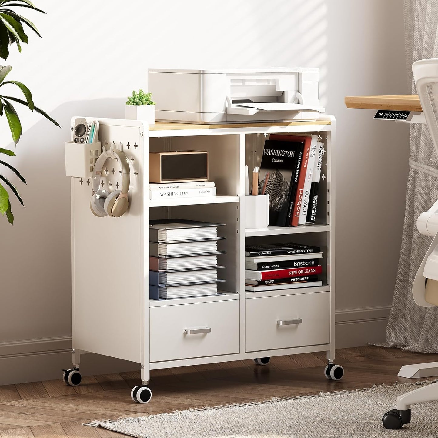 TOOLF 2-Drawer Mobile File Cabinet with Wheels, MDF Wooden Panel Printer Stand with Adjustable Shelves, 2 Storage Bins & 4 Hooks, Home Office Organization, White