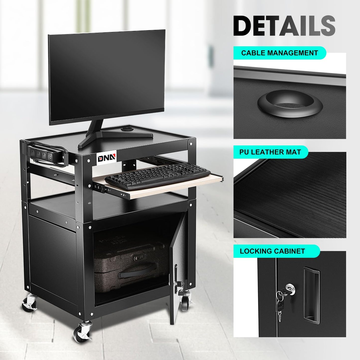 DNA MOTORING Steel AV Cart with Extra Storage, 24" X 18" X 20.7"-30" Height Adjustable 2-Layer Utility Rolling Projector Cart w/Wheels, Pull Out Tray, Power Strip, Cord Management, TOOLS-00496