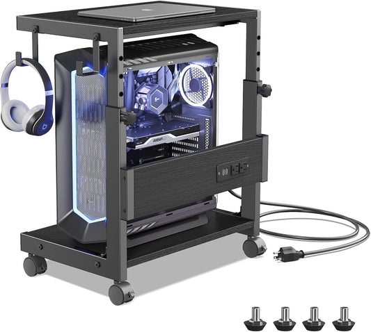 Computer Tower Stand with Charge Station and USB Charging Port - Height Adjustable PC Tower Stand, Under Desk CPU Holder Cart with Locking Caster Wheels for Fits Most PC