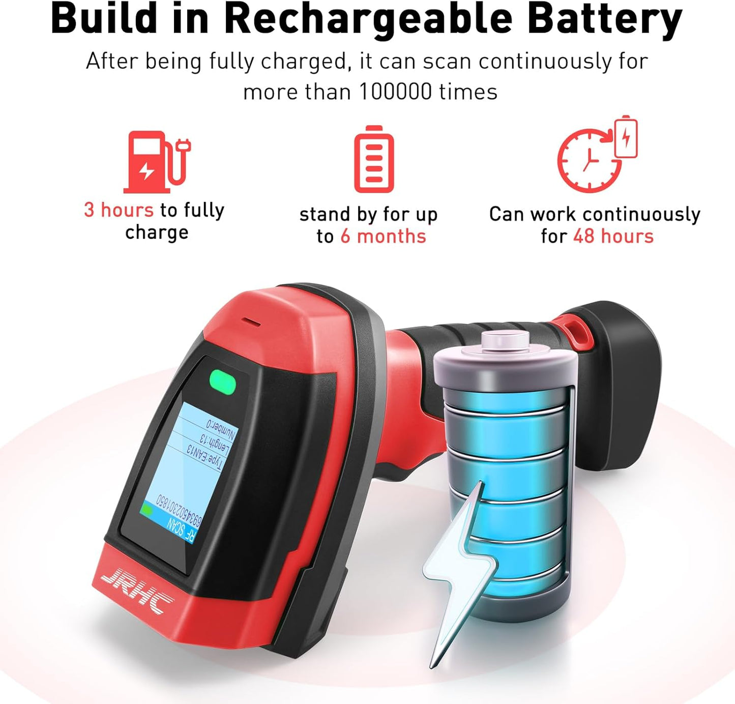 Barcode Scanner Wireless, 1D CCD Automatic Bar Code Scanner with Display Screen, Rechargeable Handhold Barcode Reader with 2.4G Receiver & USB Wired Plug and Play (Red)