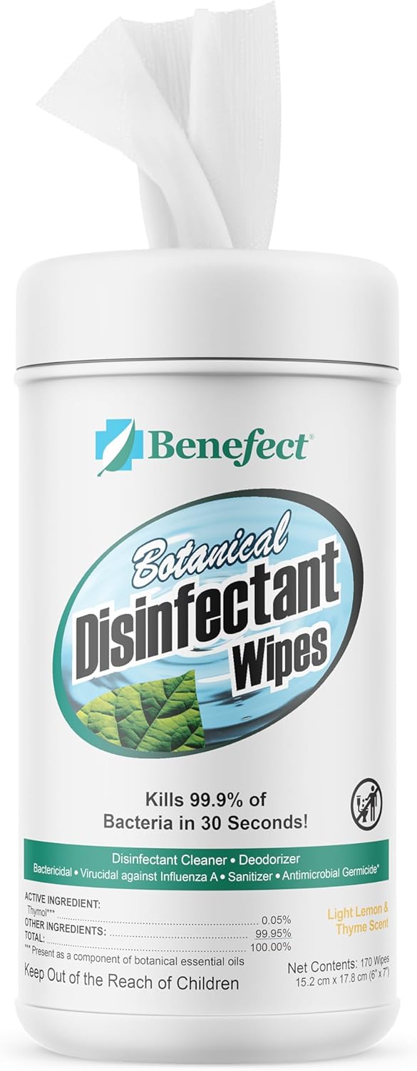 Benefect Botanical Disinfecting Wipes - (170 Wipe Count) Natural, No Residue - Antibacterial Disinfectant, Multi-Surface Cleaning and Sanitizing Wipes