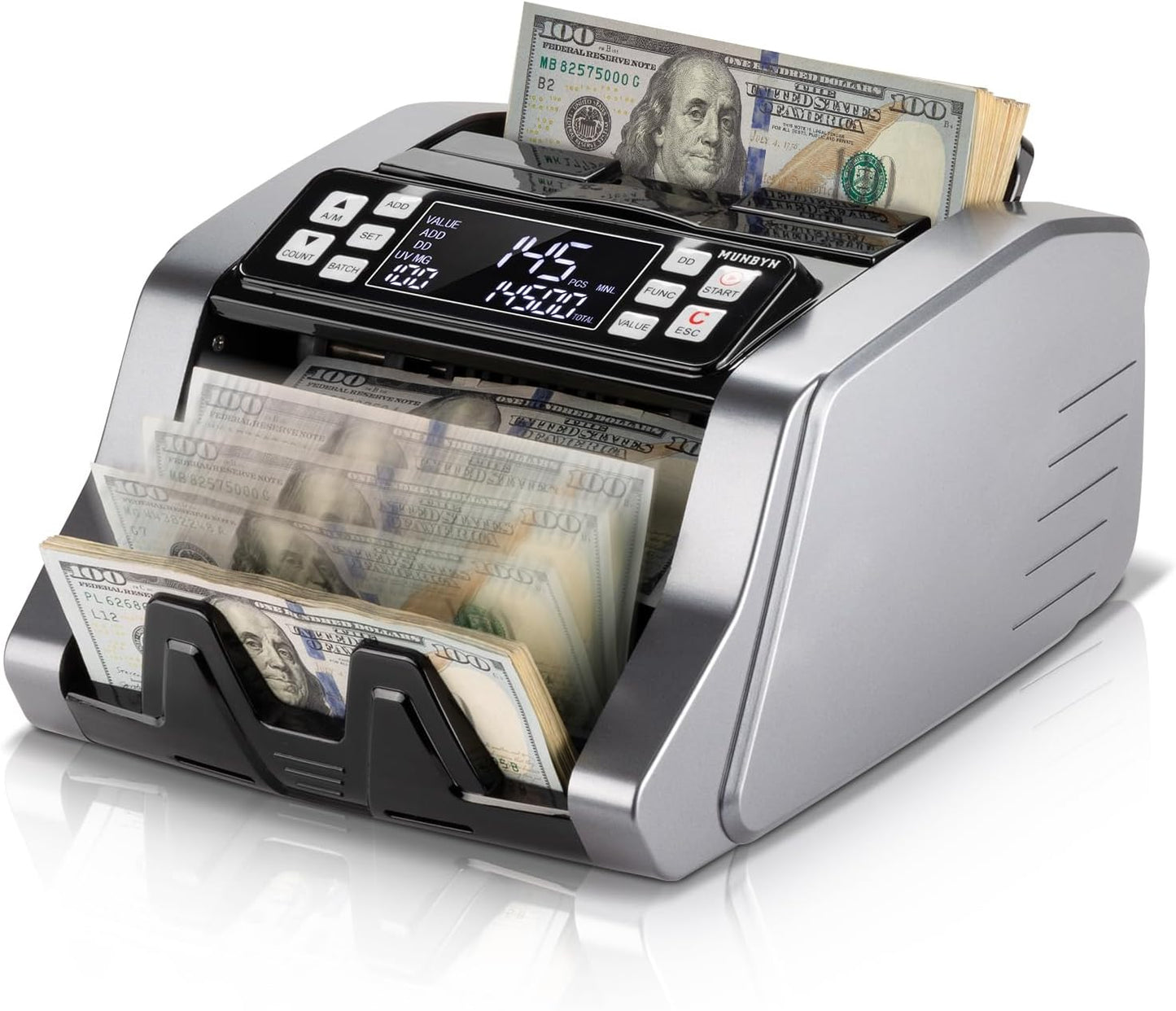 MUNBYN IMC20 Money Counter Machine with Value Count, UV/MG/IR/MT Counterfeit Detection for Dollar/Euro Bill Counter, Add/Batch/Value Mode Cash Counter, LED External Display, 2Y Protection