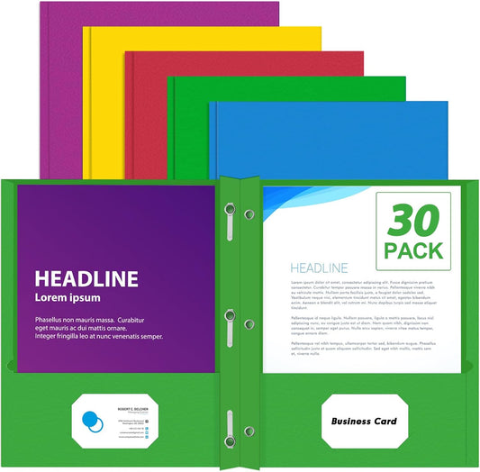 Two Pocket Folders, PANDRI 30 Pack Two Pocket Folders with Prongs, Designed for Office and Classroom, Assorted 5 Colors 2 Pocket 3 Prong Folders