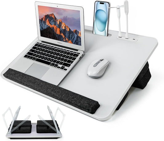 Lap Desk for Laptop with Cushion,Folding Laptop Desk for Bed with USB,Bed Desk,Portable Computer Lap Desk,23.62"*15.74",White