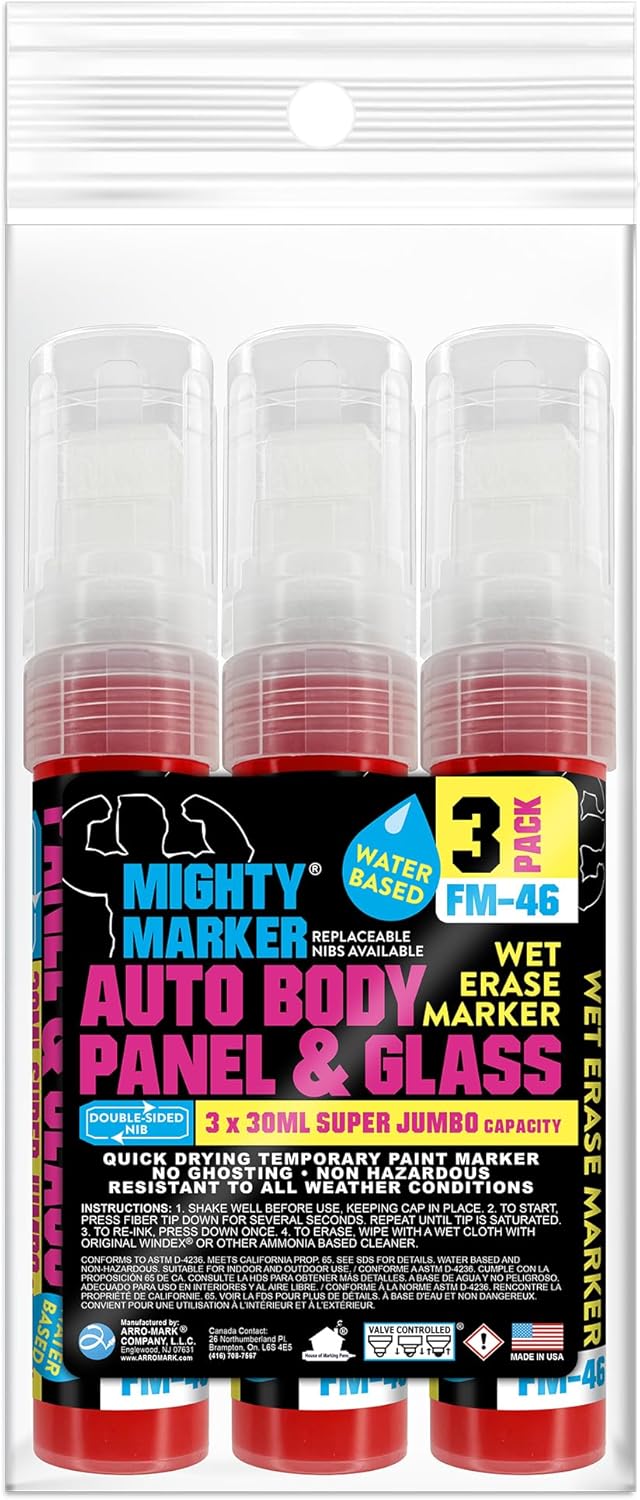 FM-46 Auto Body and Glass Super Jumbo Paint Marker, No-Ghost Formula, Water-Resistant, Valve Action, Removable, Water-Based, 30ml Capacity, Made in USA, Fl. Red 3 Pack