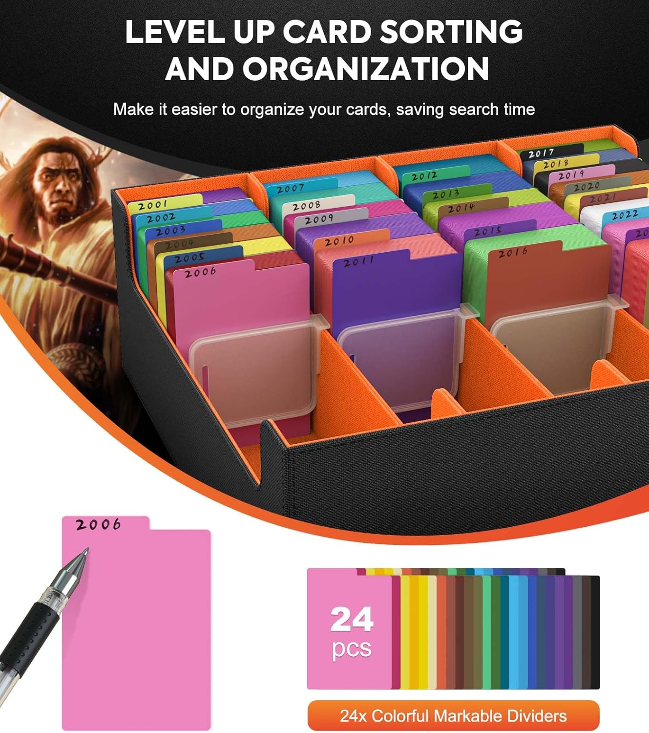 MoKo Trading Card Storage Box, 3000+ MTG Deck Box with 24 Colorful Dividers & 4 Card Supporters, Commander Card Deck Case Fits for Magic Game Cards, YugiOh, TCG, PTG and Sport Cards, Orange