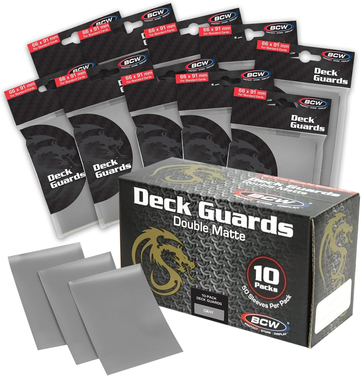 BCW Deck Guard - Double Matte Card Sleeves | 500 Count Box (10 Packs of 50) |Acid-Free, No PVC | Fits 2.5" x 3.5" | Archival Safe Sleeves for Protection (Gray)