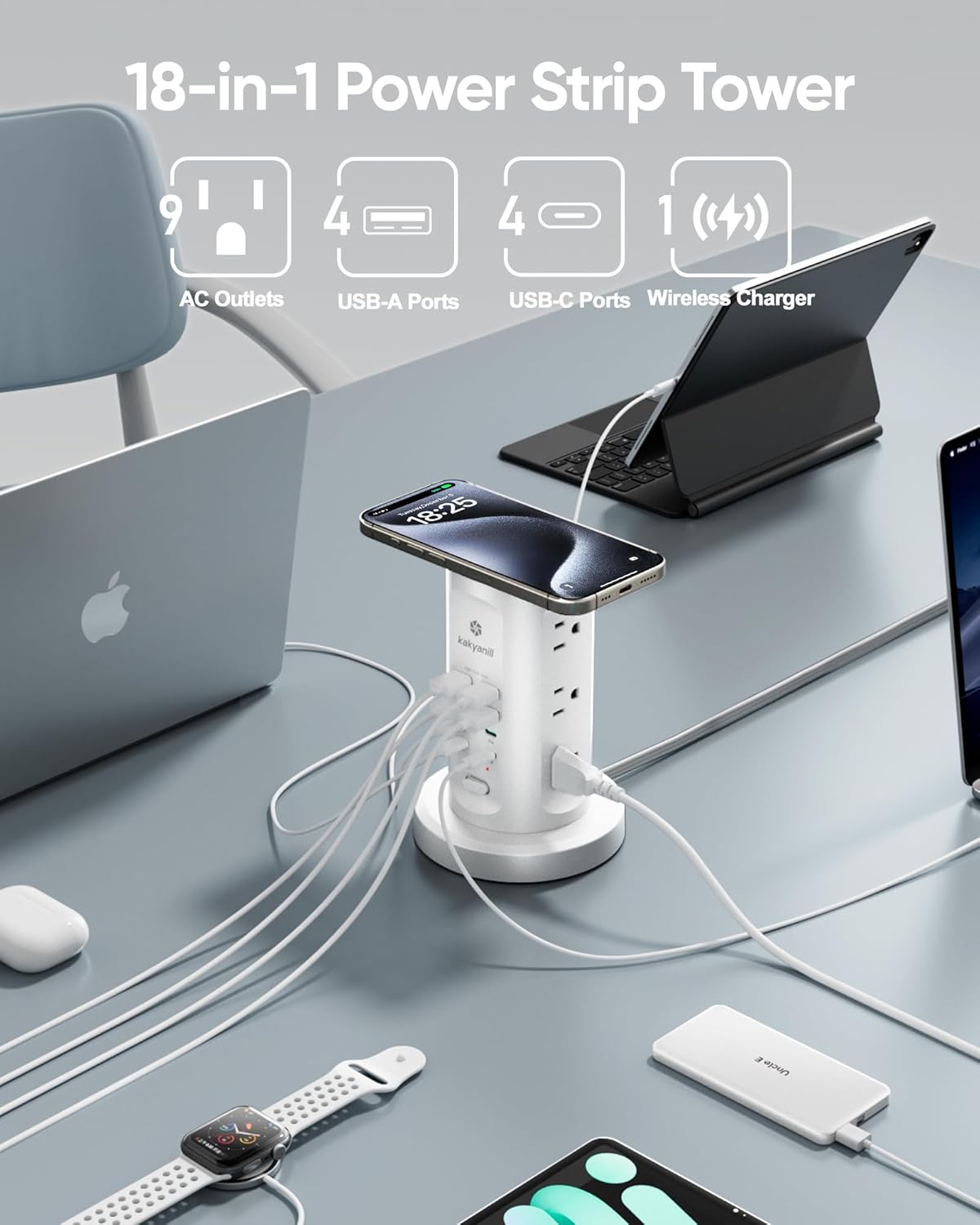 115W USB Charging Station, Surge Protector Power Strip Tower, 9 AC Outlets with 8 USB Ports(4 USB-C), 6Ft Flat Plug Retractable Extension Cord, for Home Office Dorm, White