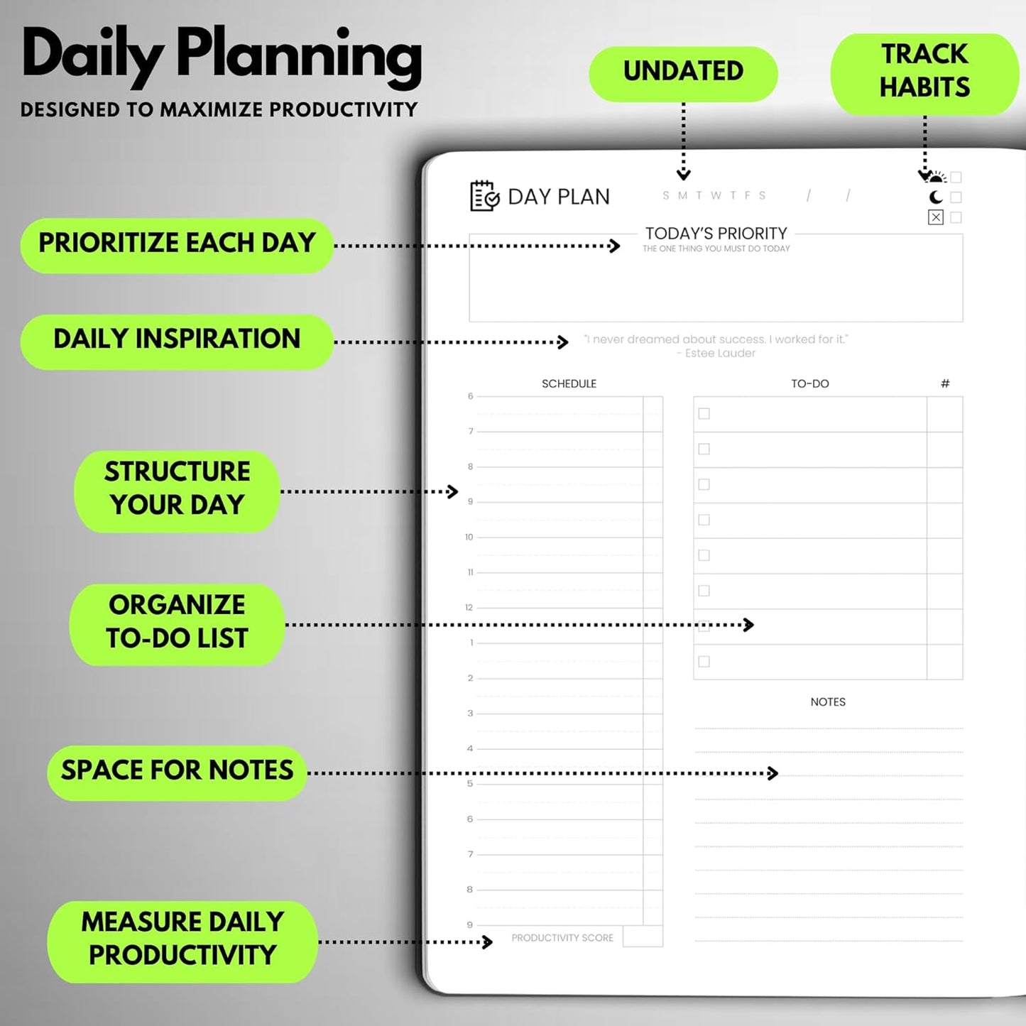 Undated Daily Planner – 6-Month A5 Productivity Organizer with Full Page Per Day, Hourly Schedule, Goal Setting, Habit Tracker, Weekly & Monthly Pages – Hardcover Time Management Notebook (Lime Green)