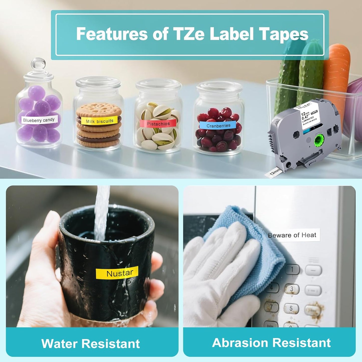 5-Pack Label Maker Tape Replace for Brother TZe TZ Tape 12mm 0.47 Laminated White Red Blue Yellow Green TZe231 431 531 631 731 Work for Brother P Touch Label Maker PTH110 PTD220 PTD210