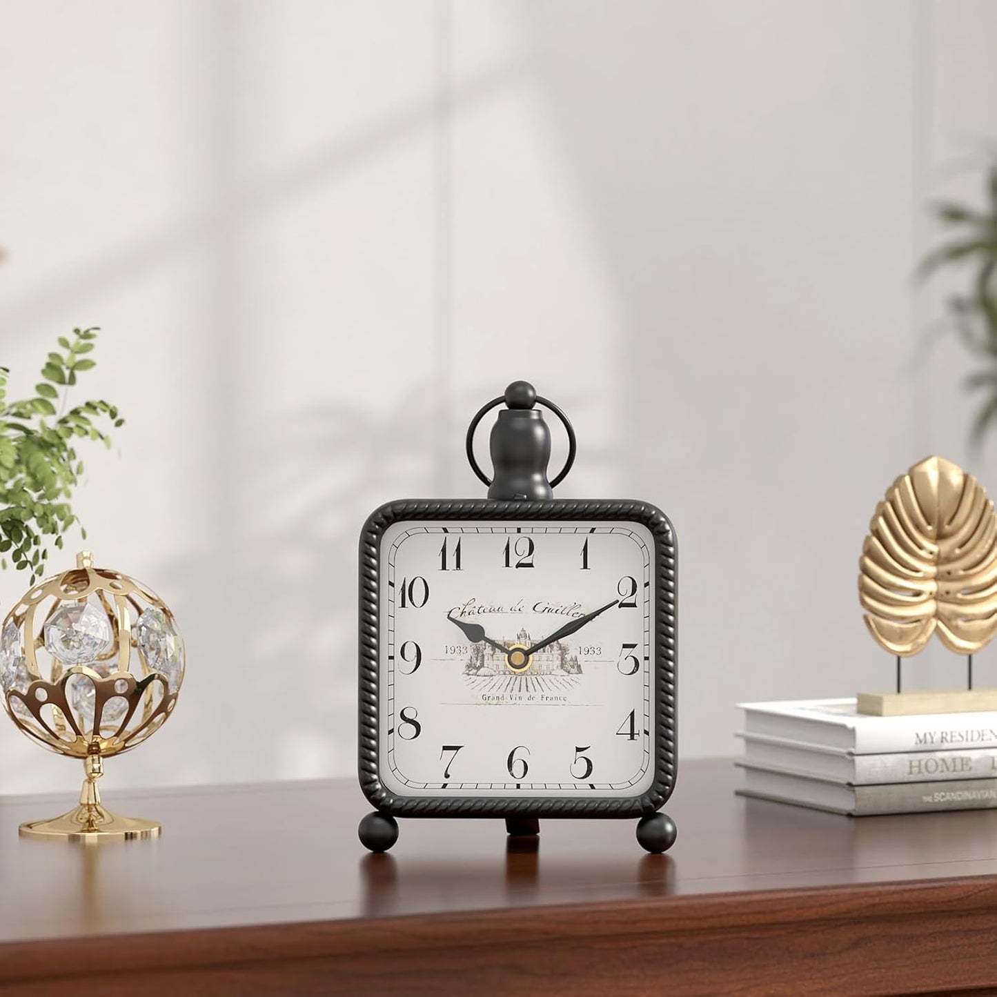 Vintage Black Table Clock on Stand, Desk and Shelf Decor Clock, French Rustic Style Non-Ticking Mantel Clocks for Farmhouse, Living Room, Bedroom, Bedside, Gift (8.5" H x 5.5" W)