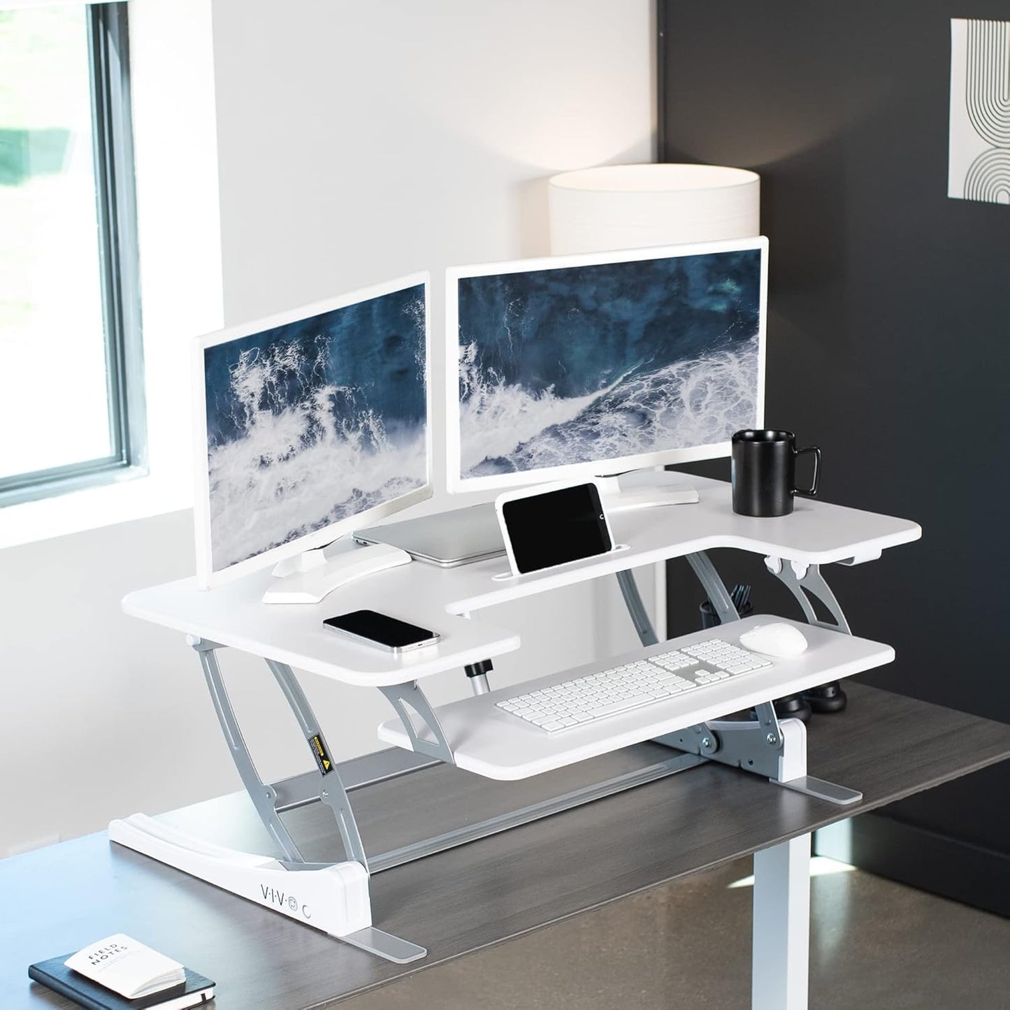 VIVO 42 inch Height Adjustable Stand Up Desk Converter, V Series, Quick Sit to Stand Tabletop Dual Monitor Riser Workstation, White, DESK-V000VLW