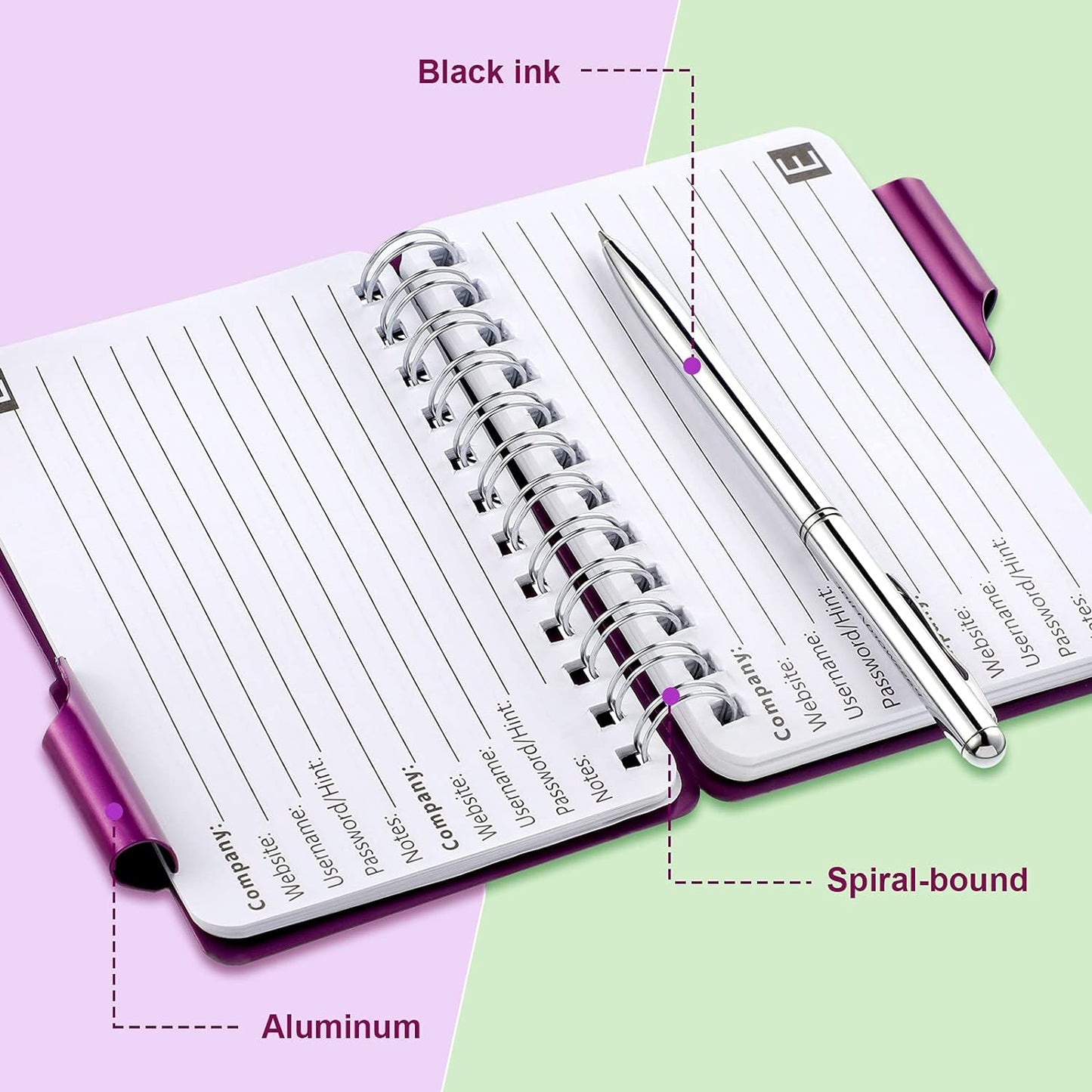 Zonon 2 Pcs Mini Password Book with Alphabetical Tabs Metal Password Keeper Book Portable Organizer Elegant Mandala Pattern Notebook with Pen, Spiral Bound for Information(Black, Purple)