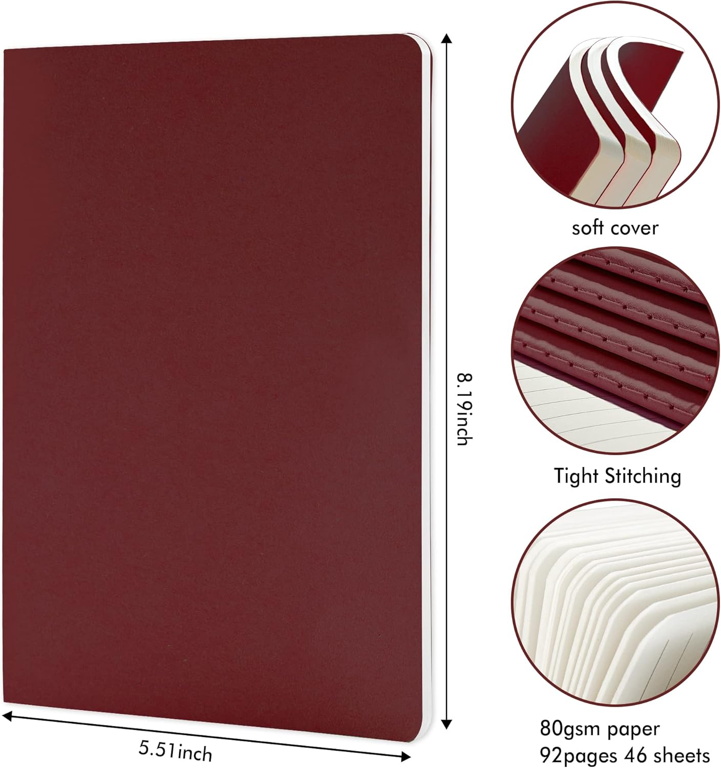 16 Pack Soft Cover Journal Bulk, Feela Lined Notebooks College Ruled for Work for Women Girl Writing, Blank Travel Journal Note Taking Notebook School Business Supplies, 8.2” x 5.5”, A5, Wine