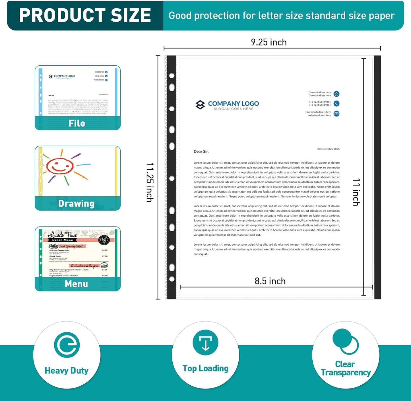 Sheet Protectors, PANDRI 200 Pack Color Heavy Duty Plastic Page Protectors Sheet Reinforced 11-Hole Fit for 3 Ring Binder Fits Standard 8.5 x 11 Paper, 9.25 x 11.25 Top Loaded, Excluding Acid