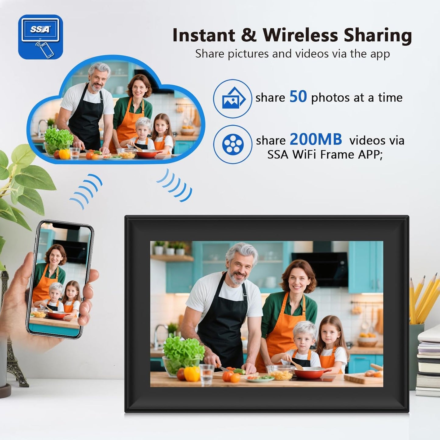 SSAWiFiFRAME Digital Picture Frame 10.1 inch Photo Frame with 50 Photos /200MB Video Sharing via Free APP 32 GB HD IPS Touchscreen, Gift for Grandparents, Parents (Birthday Christmas)