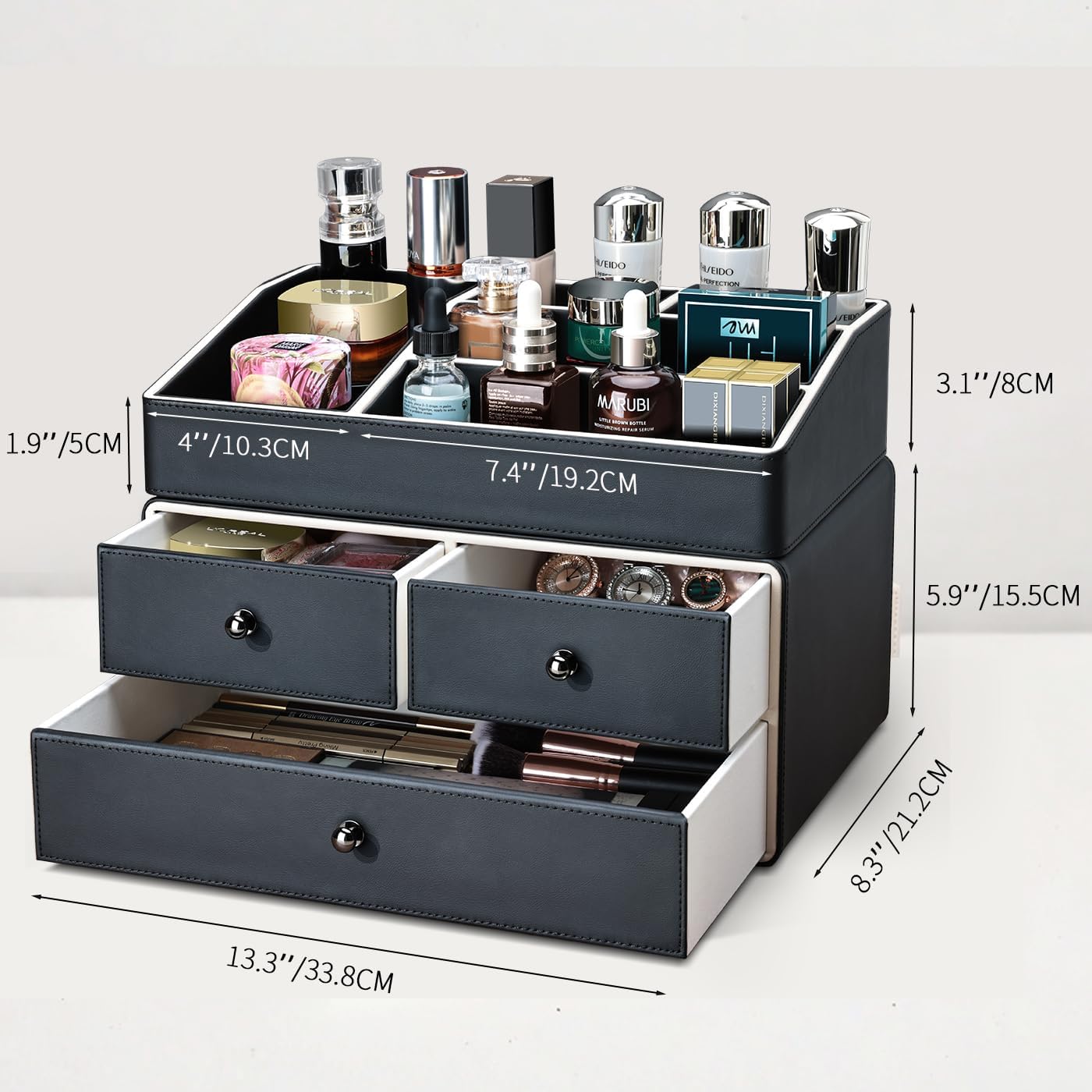 KINGFOM 2 Tier PU Leather Makeup Organizer with 3 Drawers, Cosmetic Storage Organizers for vanity Dresser Countertop and Bathroom Vanity, Beauty Holder for Lipstick Brush Skincare (Black)