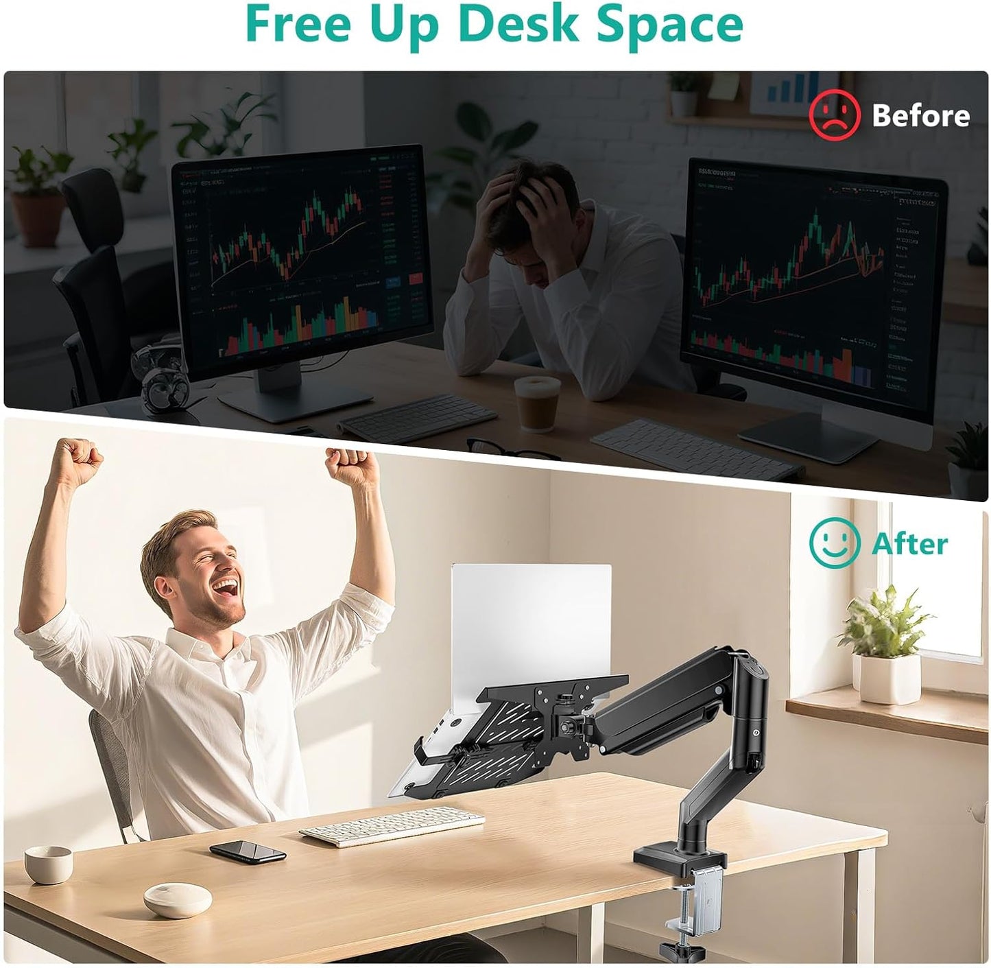 WALI Laptop Desk Mount, 2-in-1 Monitor Mount with Adjustable Laptop Tray, Fits Max 17" Notebook and 34" Computer Screen, Max Holds 22-26.4 lbs, Single Monitor Laptop Stand for Desk (GSMP001NLP), Black