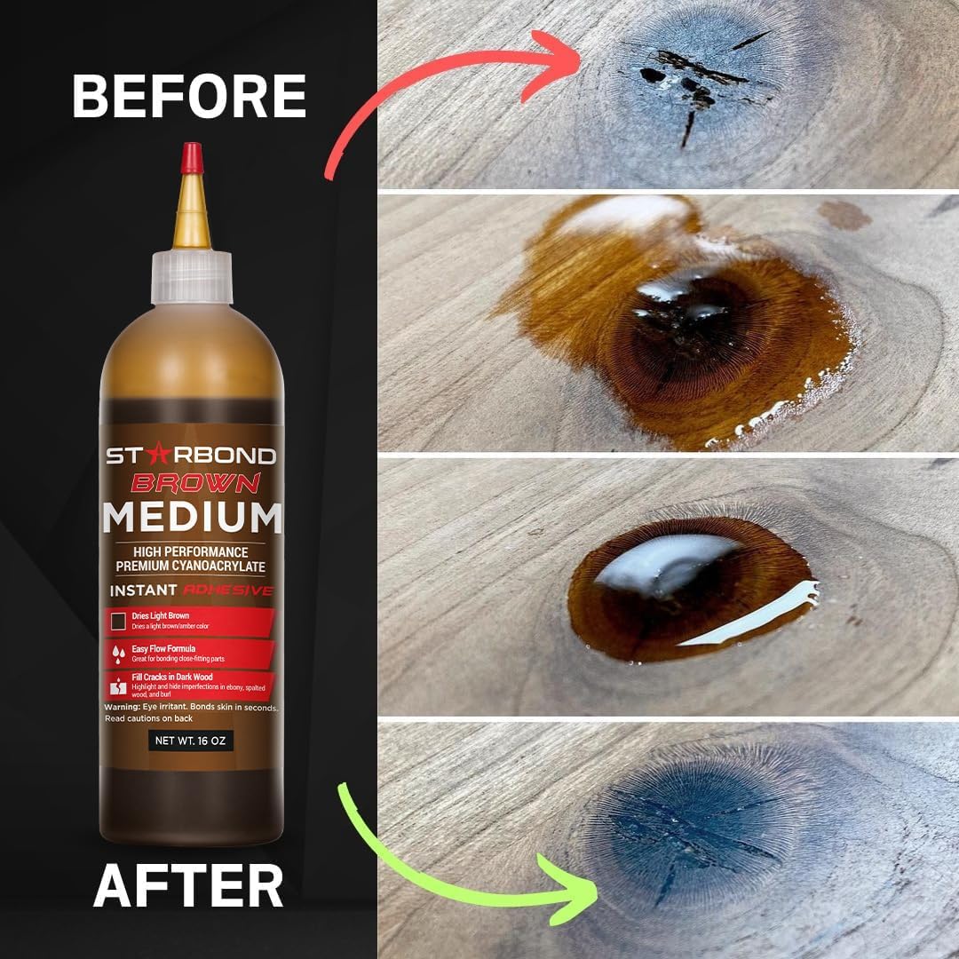 Premium Grade Cyanoacrylate (CA) Super Glue by STARBOND - 16 OZ Complete Refill KIT (453-gram) - Light Brown Medium Crack Filler 150 CPS Viscosity Adhesive for Woodworking, Woodturning, Carpentry