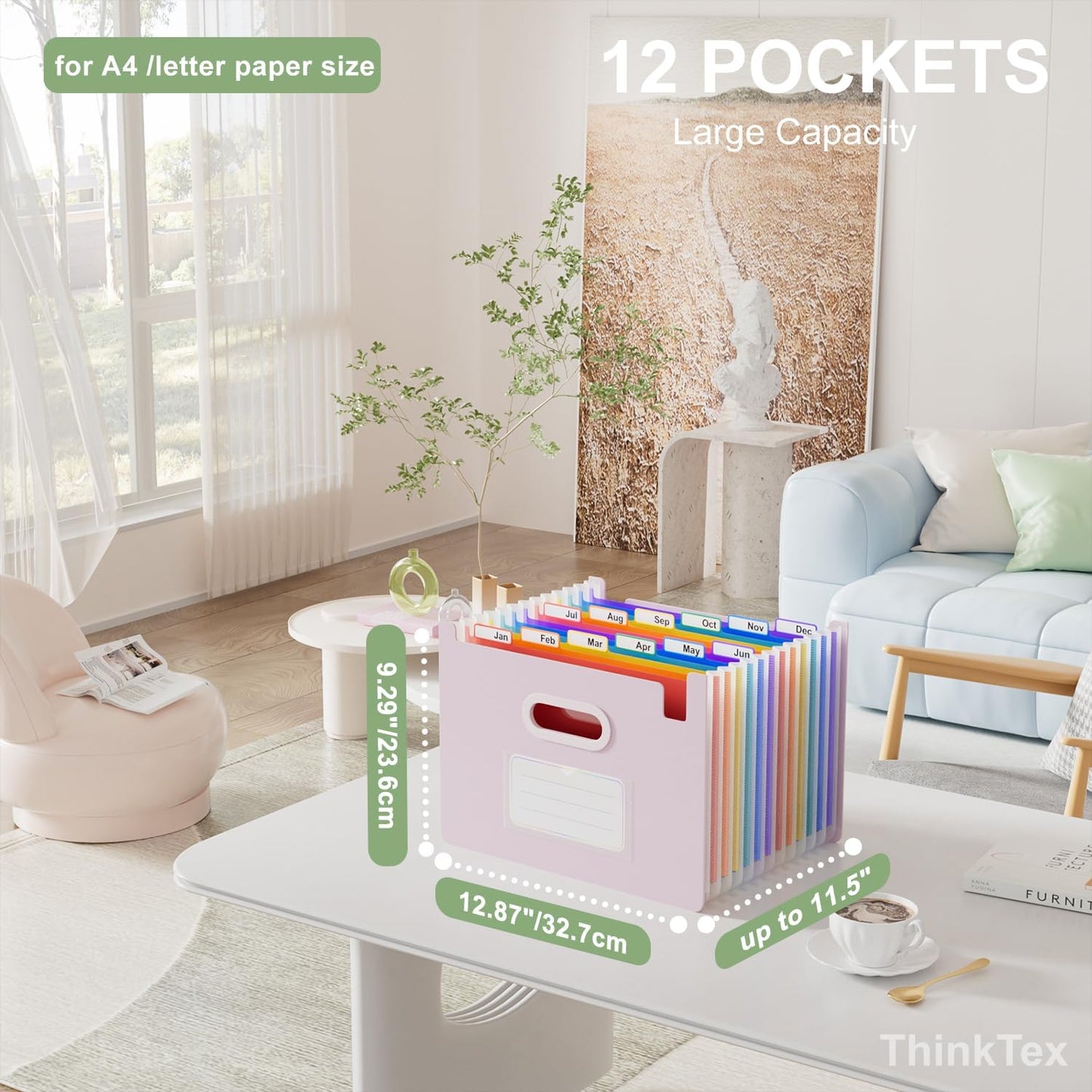 ThinkTex Accordion File Organizer, 12 - Pocket Expanding File Folders Upright & Open Top,for Paper Receipts, Bills&Taxes Organizer, Letter/A4 Size for School, Office, Home with tab-Pinkish Purple
