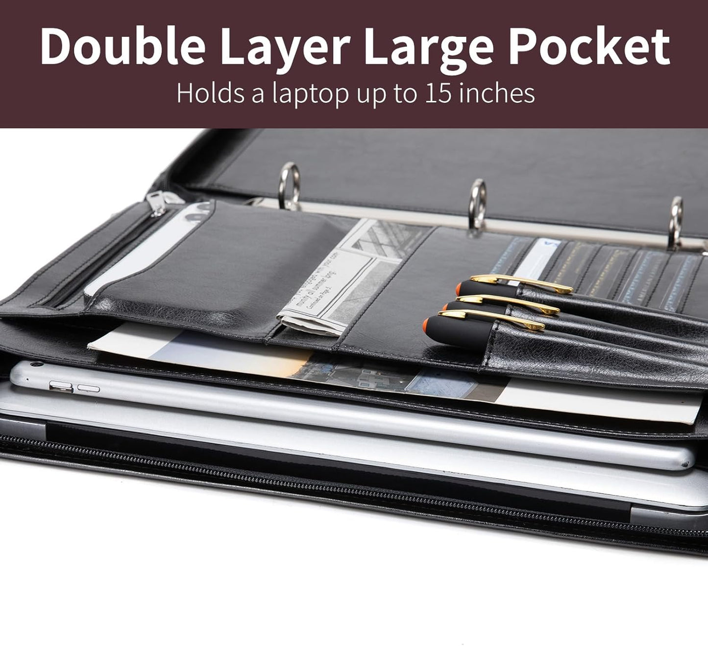 Vegan Leather 3 Ring Binder Portfolio, 8.5 x 14 Legal Size Pad Holder, Hidden Handle, Zippered Padfolio with 15” Laptop Organizer, Professional Business Folio for Men Women, Black