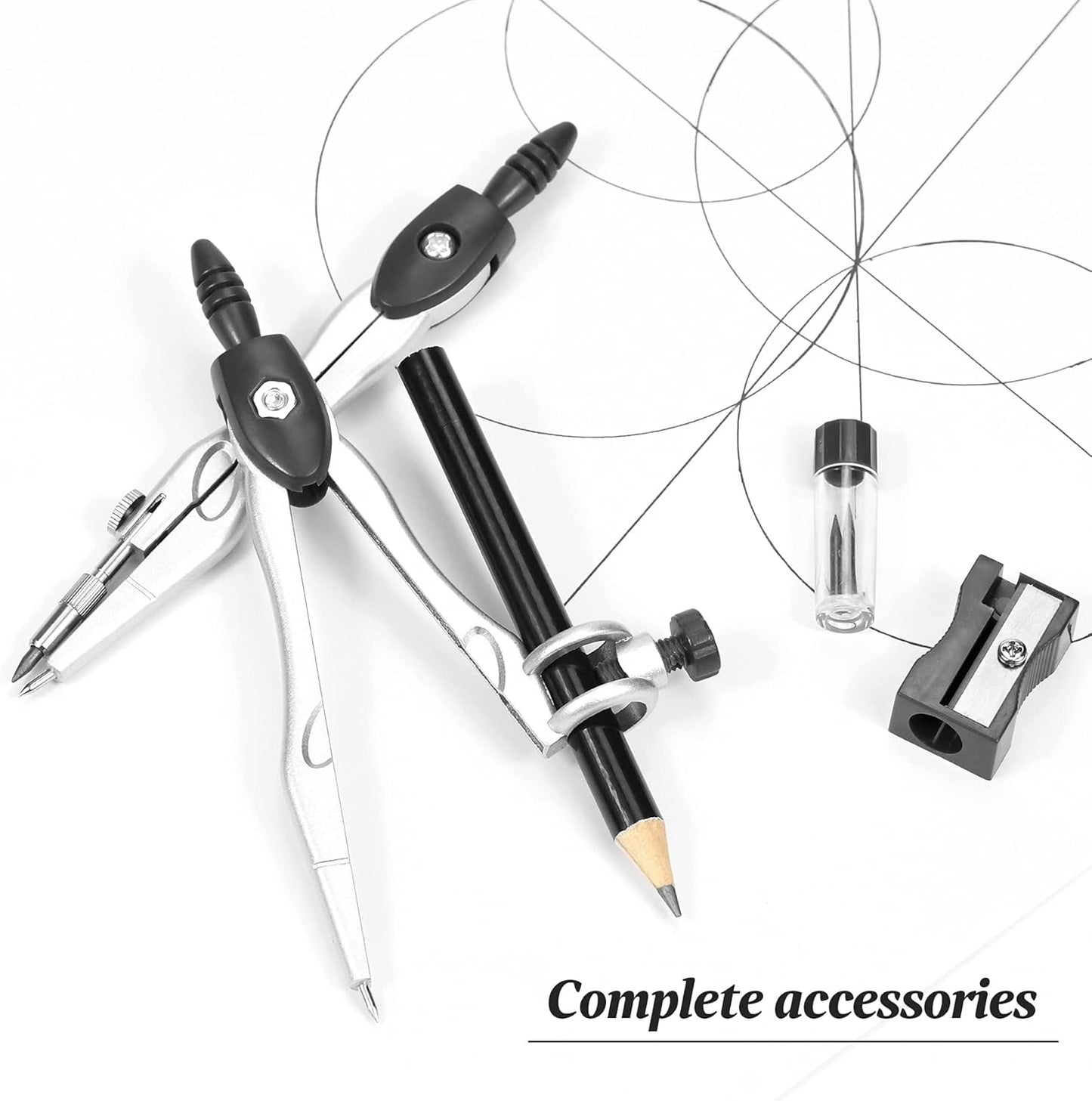 Math Geometry Kit Sets 10 Piece Student Supplies with Shatterproof Storage Box,Includes Rulers,Protractor,Compass,Eraser,Pencil Sharpener,Lead Refills,Pencil,for Drafting and Drawings（Black）